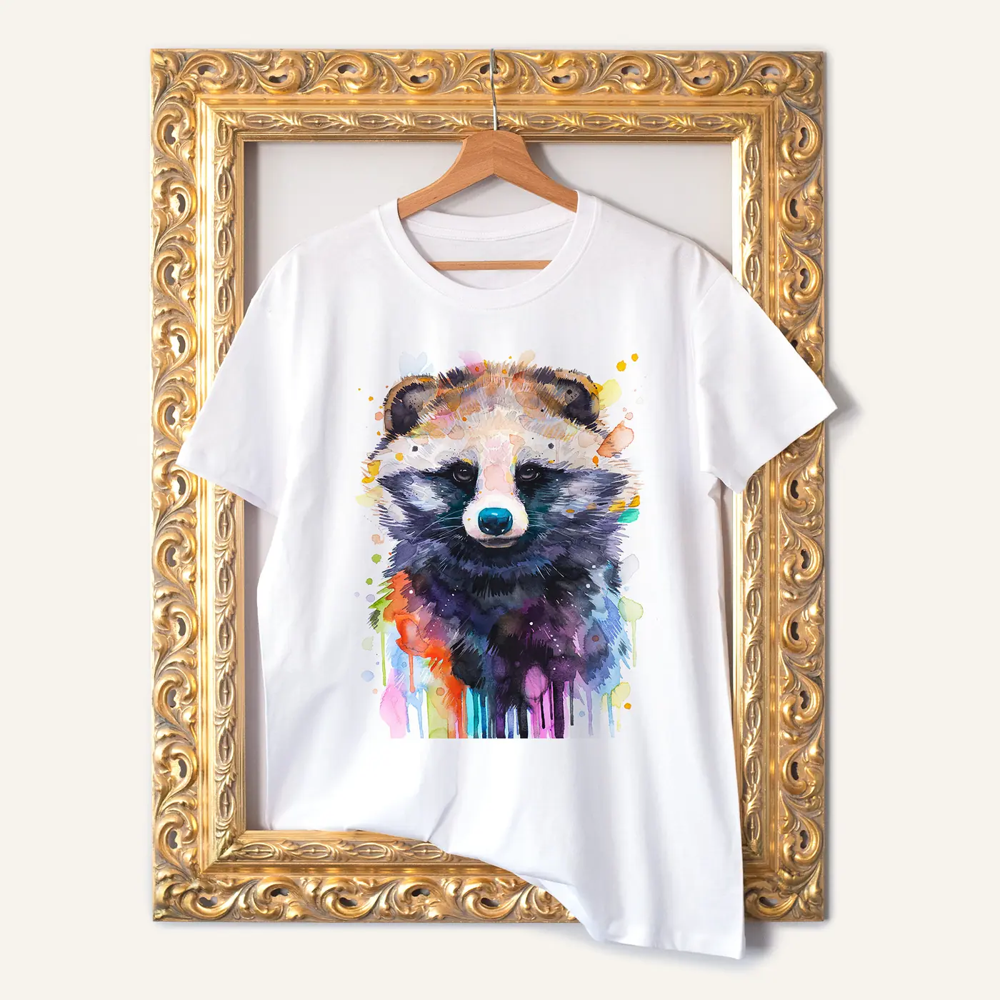 White t-shirt with a watercolour raccoon dog print