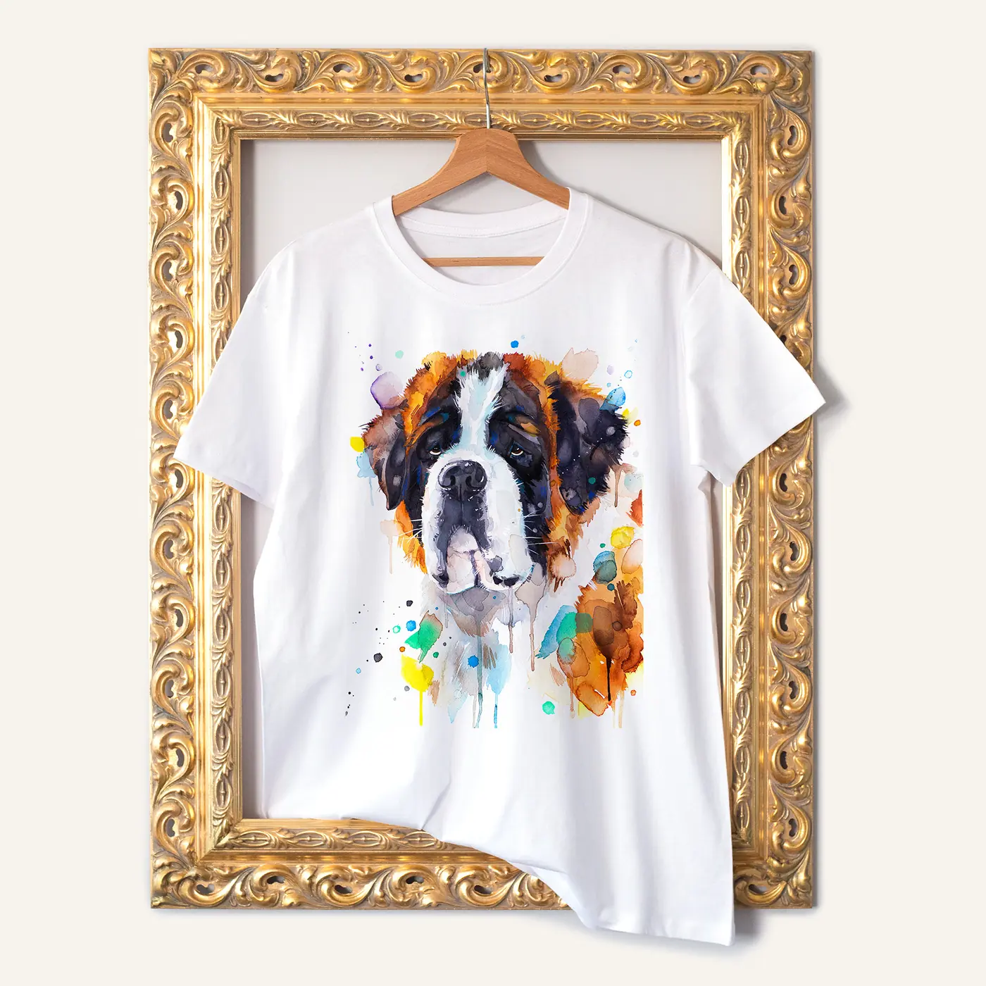 White t-shirt with a watercolour saint bernard print