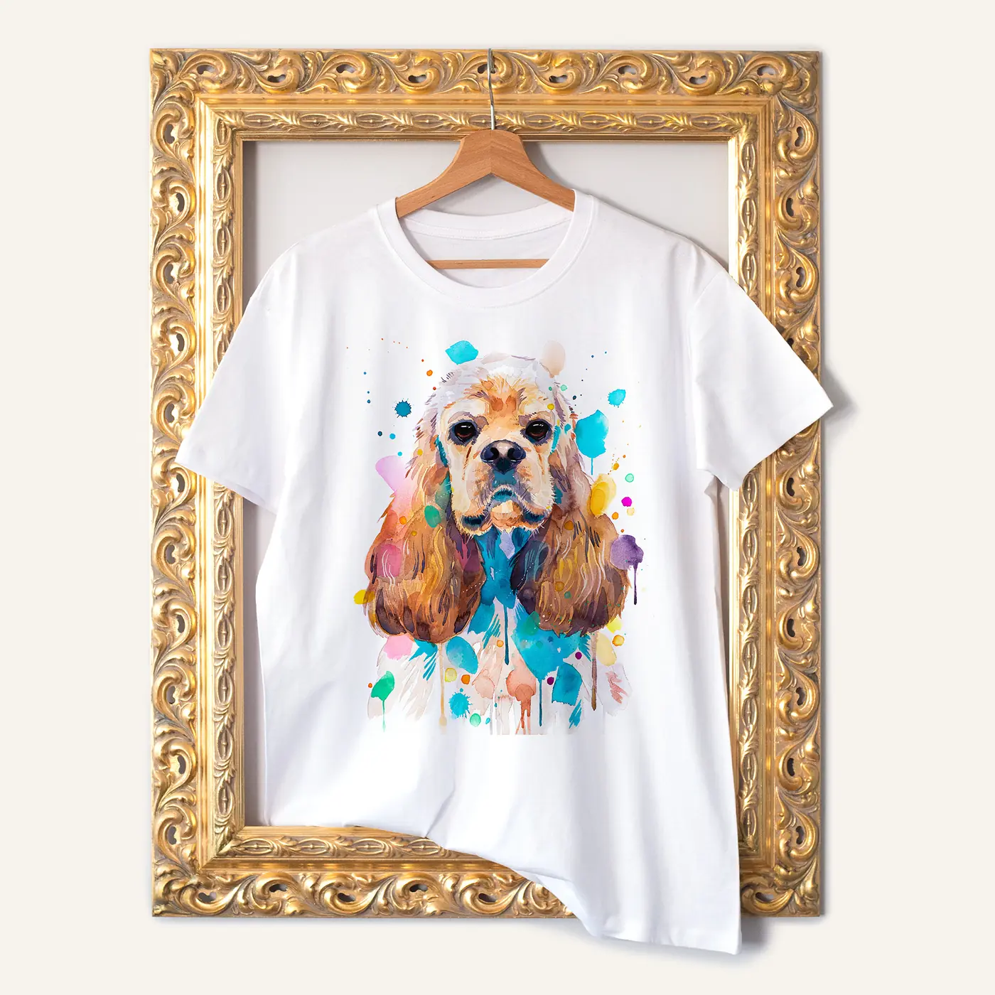 White t-shirt with a watercolour cocker spaniel print
