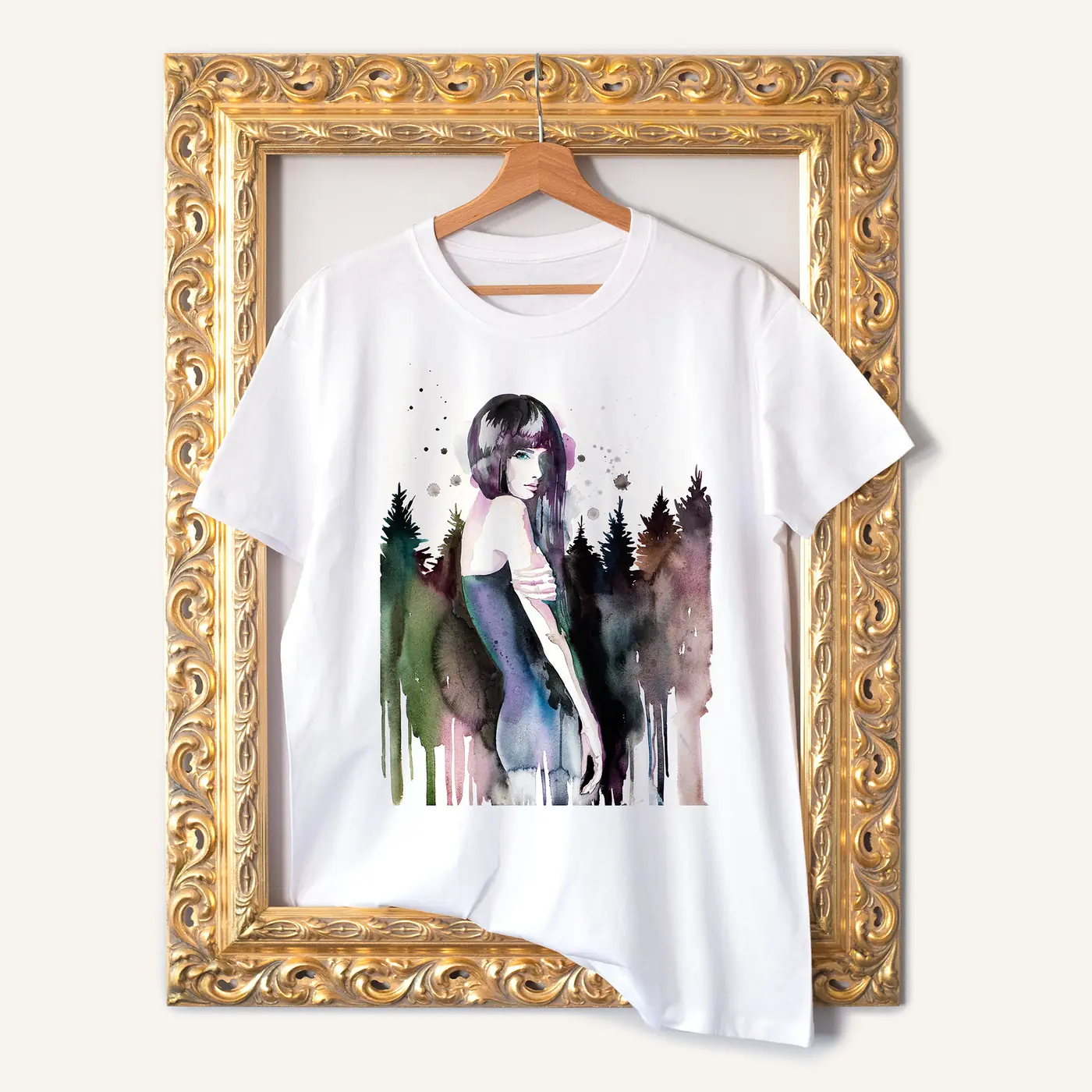 White t-shirt with a watercolour forest girl print
