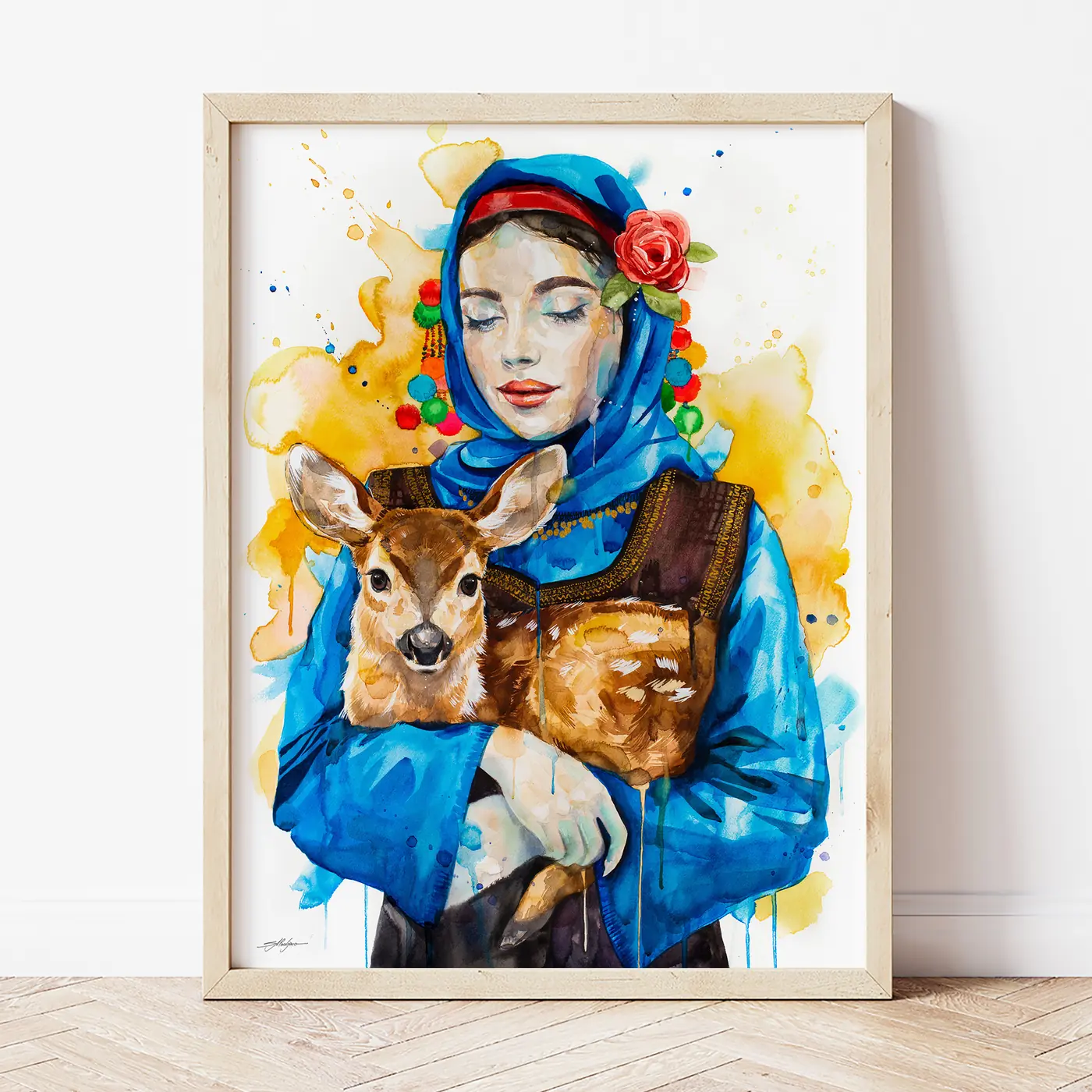 Картина с акварелна щампа на мома със сърна