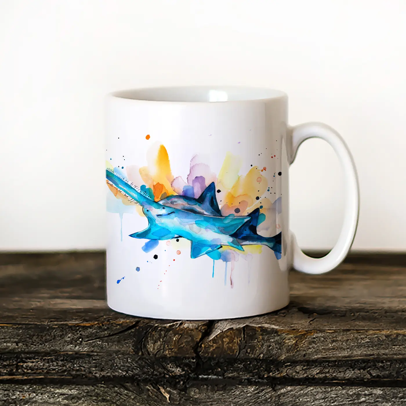 Ceramic mug with a watercolour sawfish print
