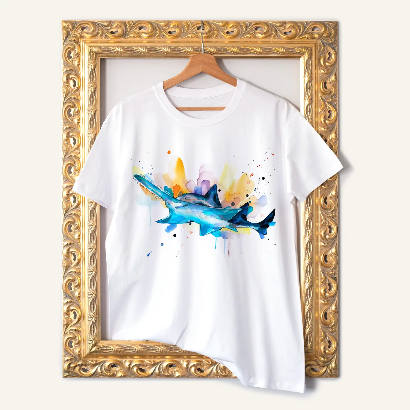 White t-shirt with a watercolour sawfish print