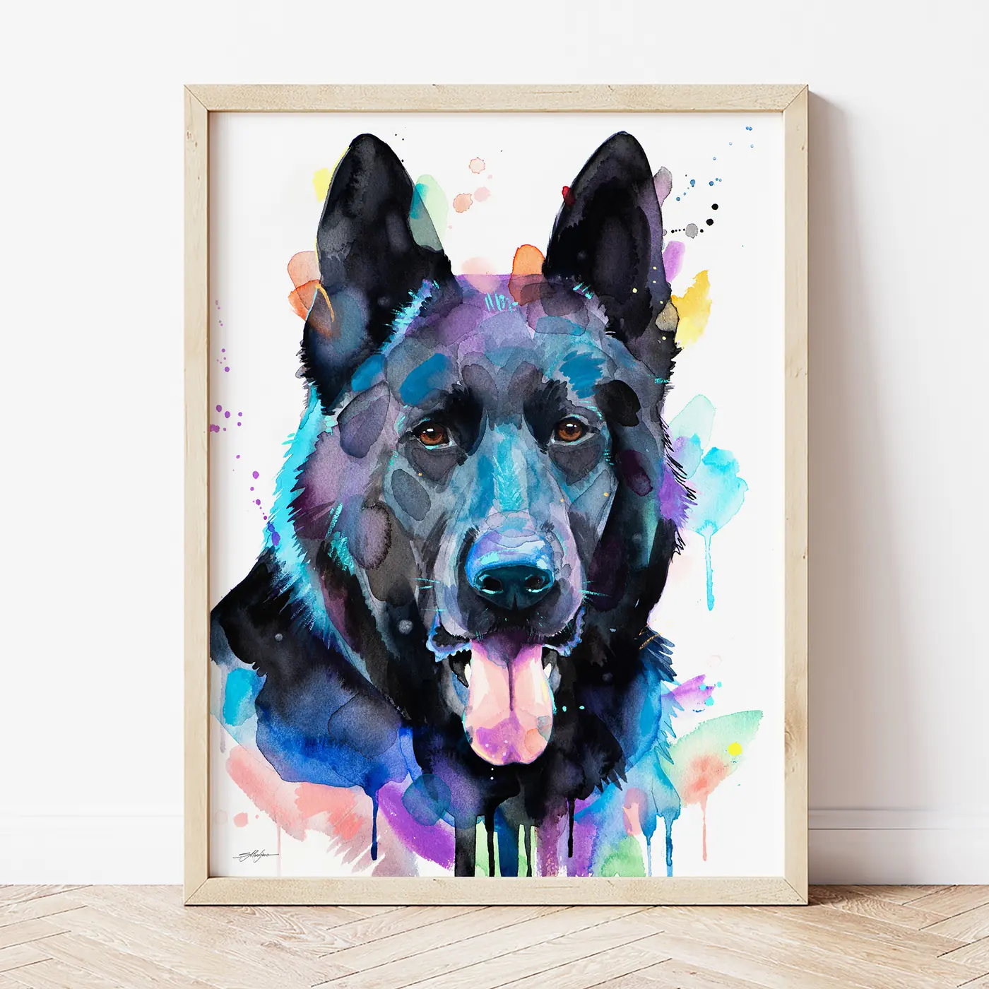 Art print with a watercolour black german shepherd print