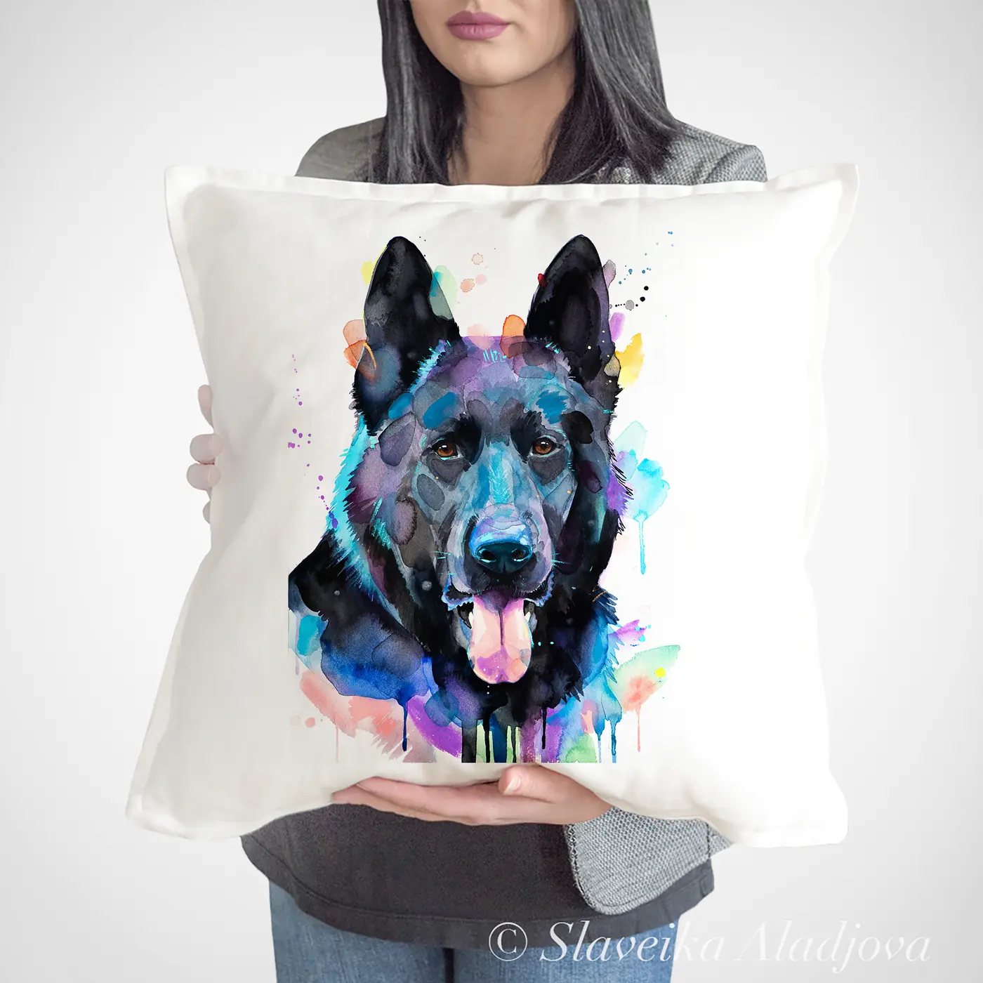 Cushion with a watercolour black german shepherd print