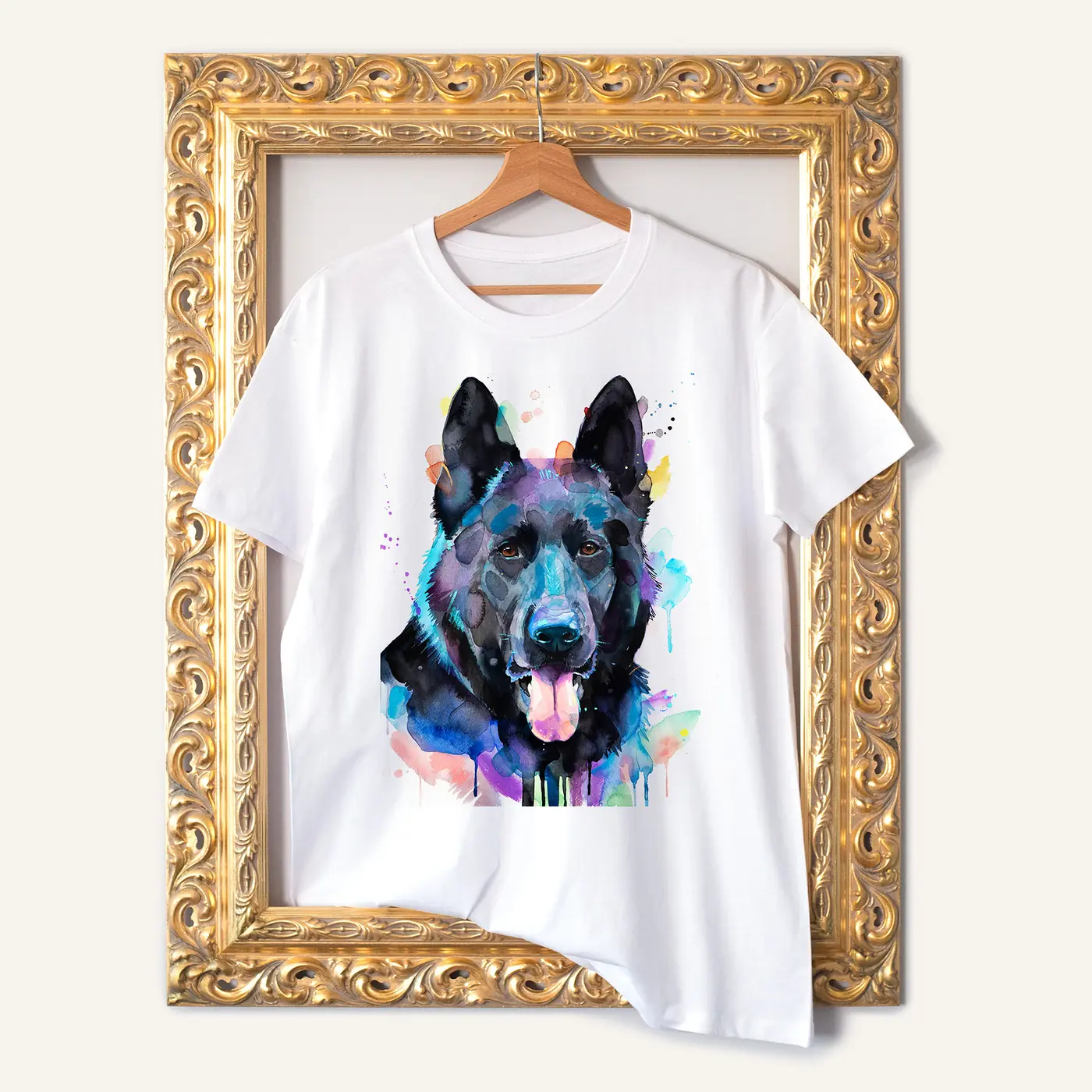 White t-shirt with a watercolour black german shepherd print