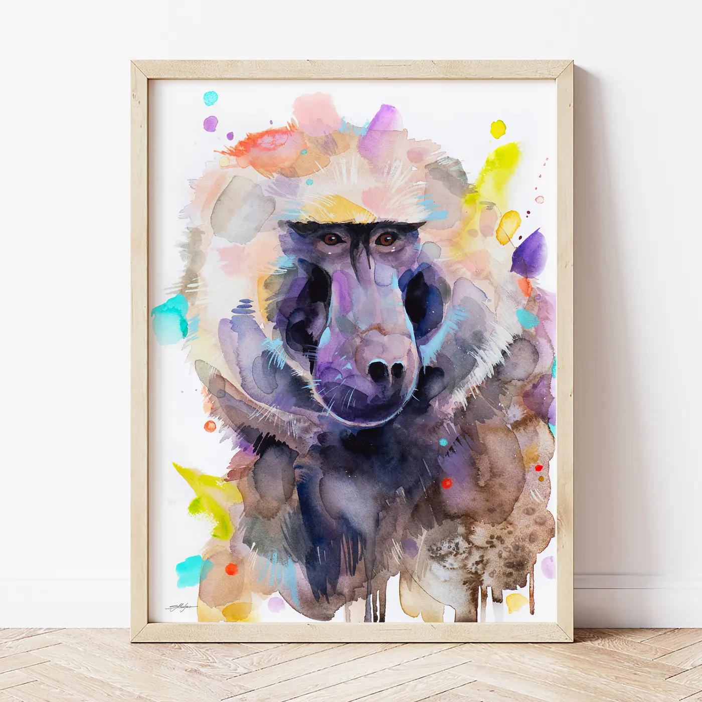 Art print with a watercolour baboon print