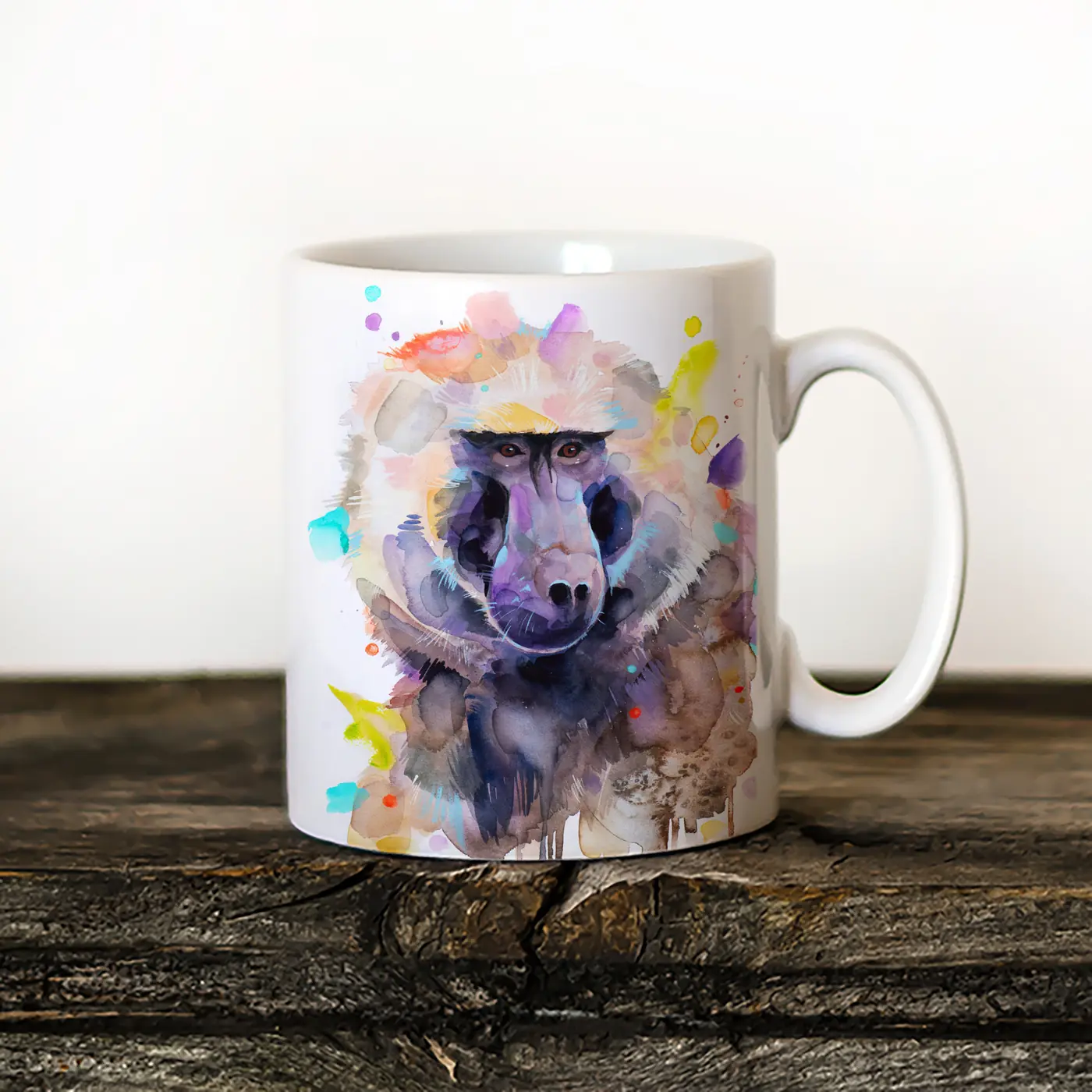 Ceramic mug with a watercolour baboon print