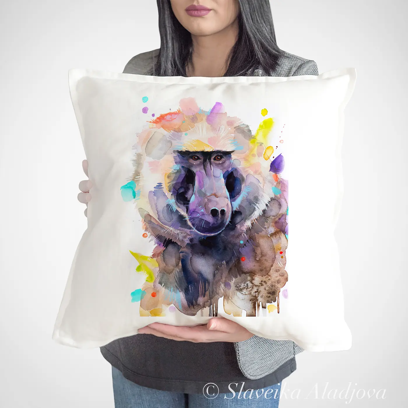 Cushion with a watercolour baboon print