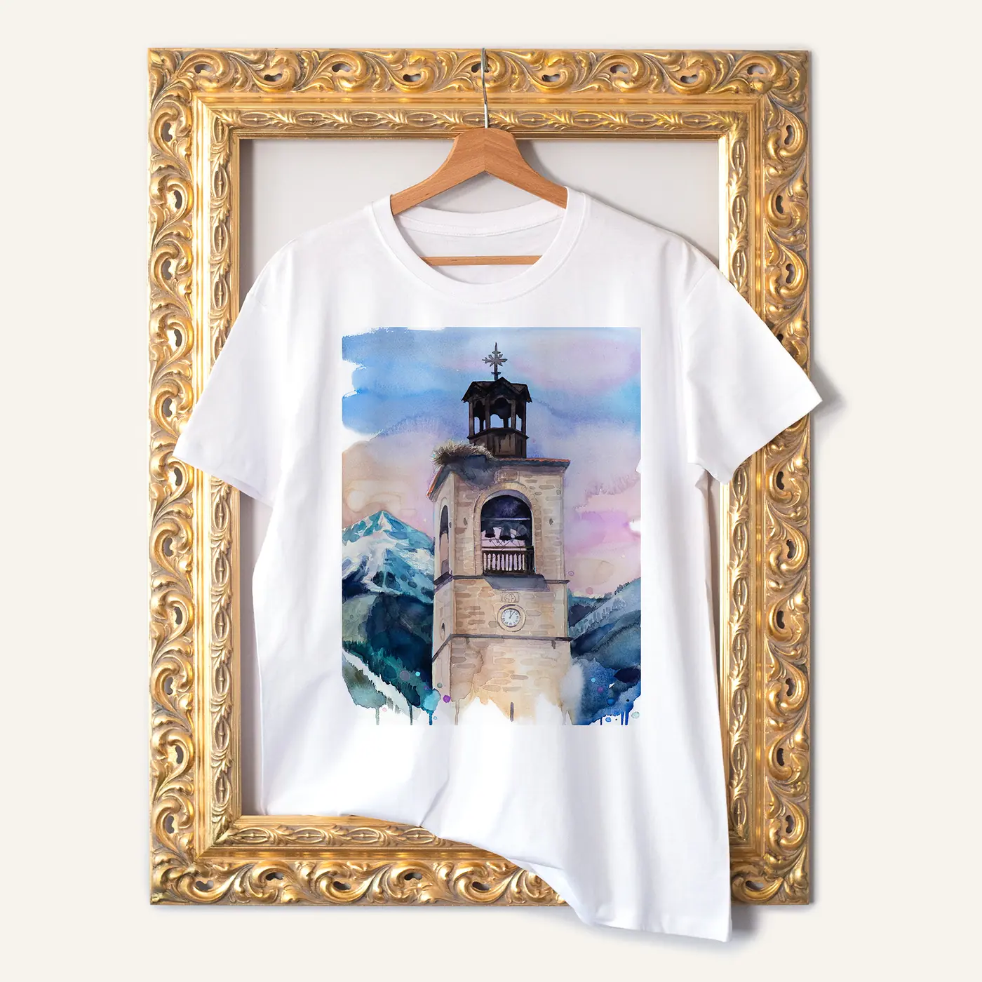 White t-shirt with a watercolour of the Holy Trinity bell tower in Bansko