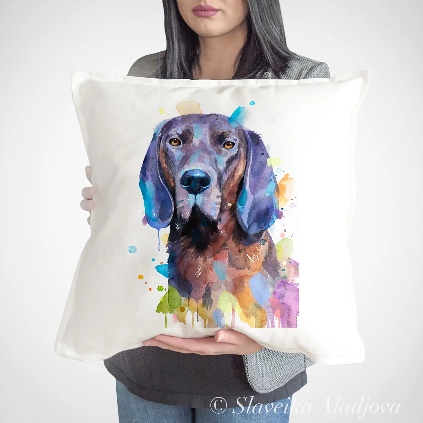Cushion with a watercolour hanoverian hound print