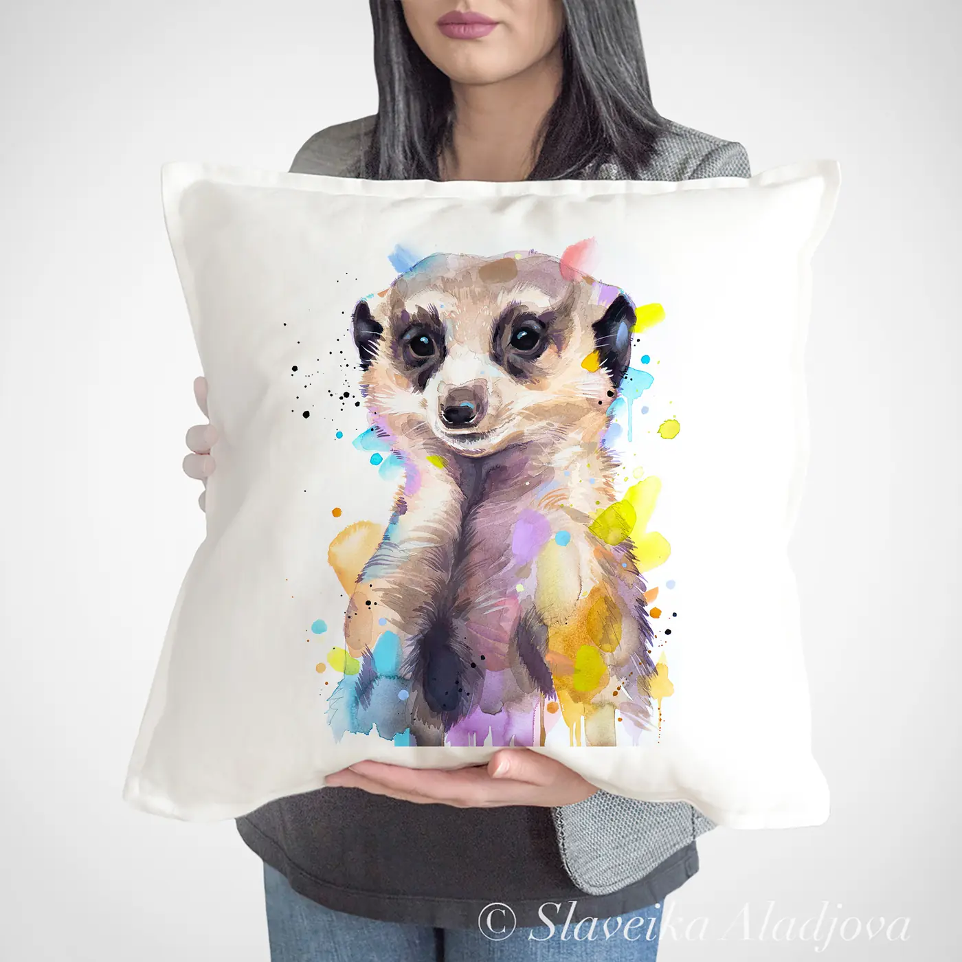 Cushion with a watercolour meerkat print