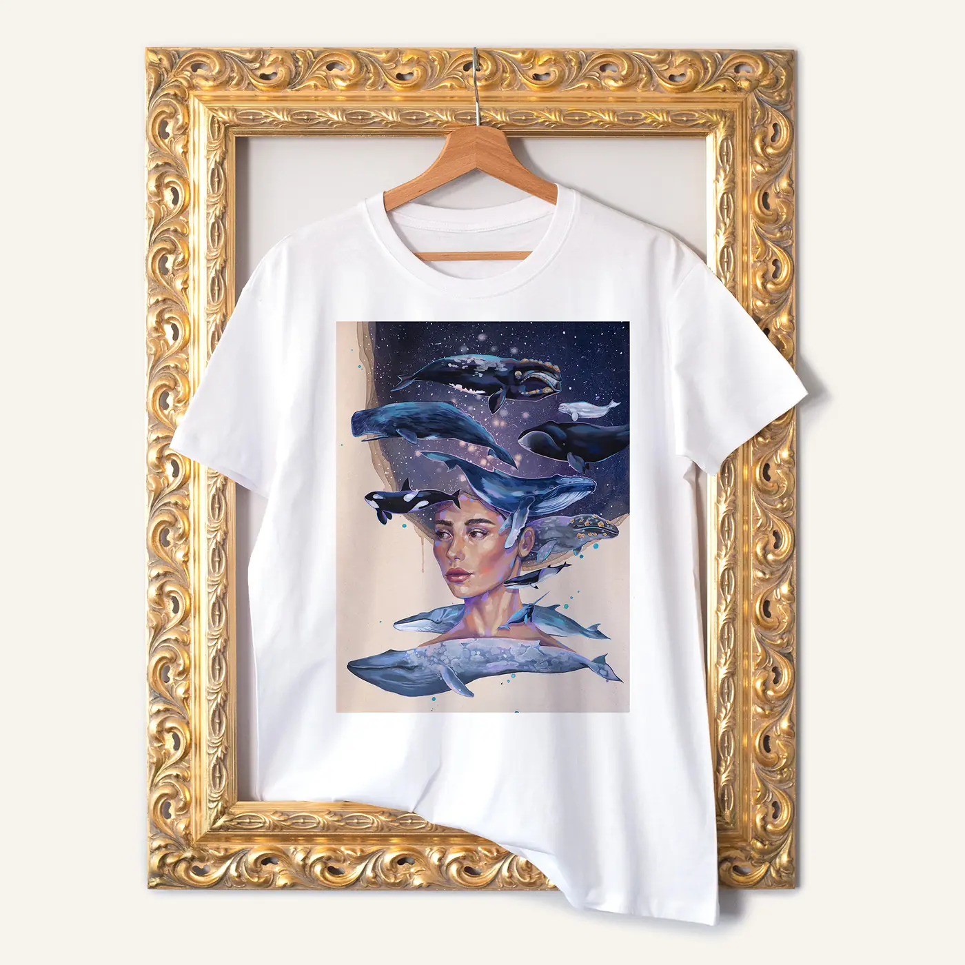 White t-shirt with a watercolour woman with whales print