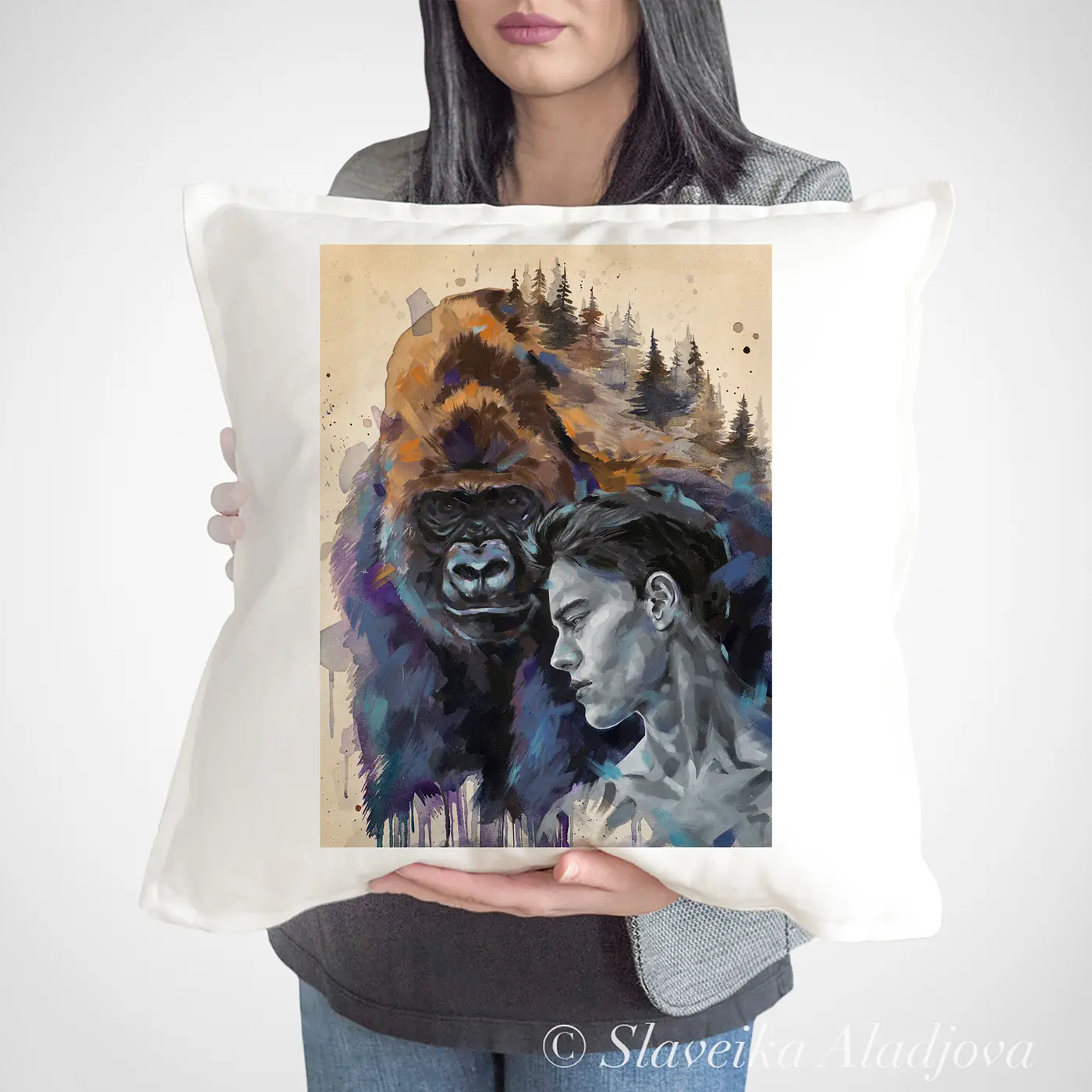 Cushion with a watercolour gorilla and man print