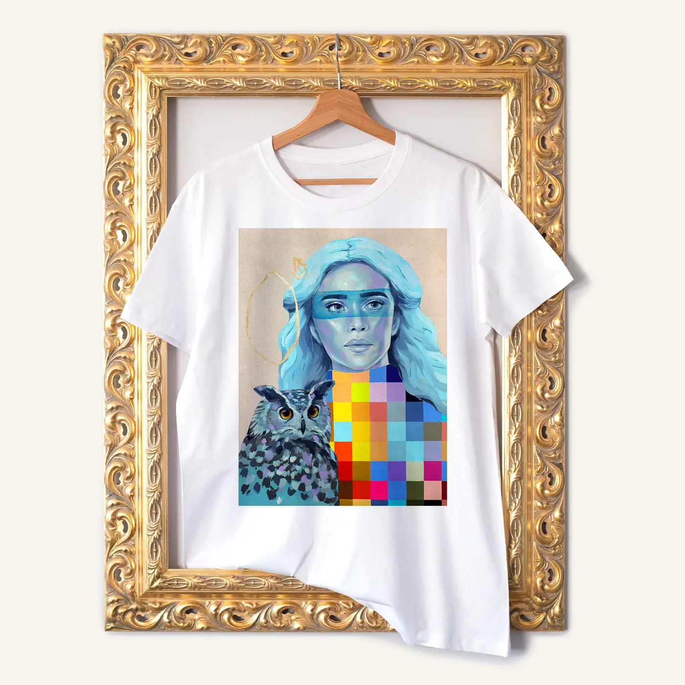 White t-shirt with a watercolour symphony of shades print