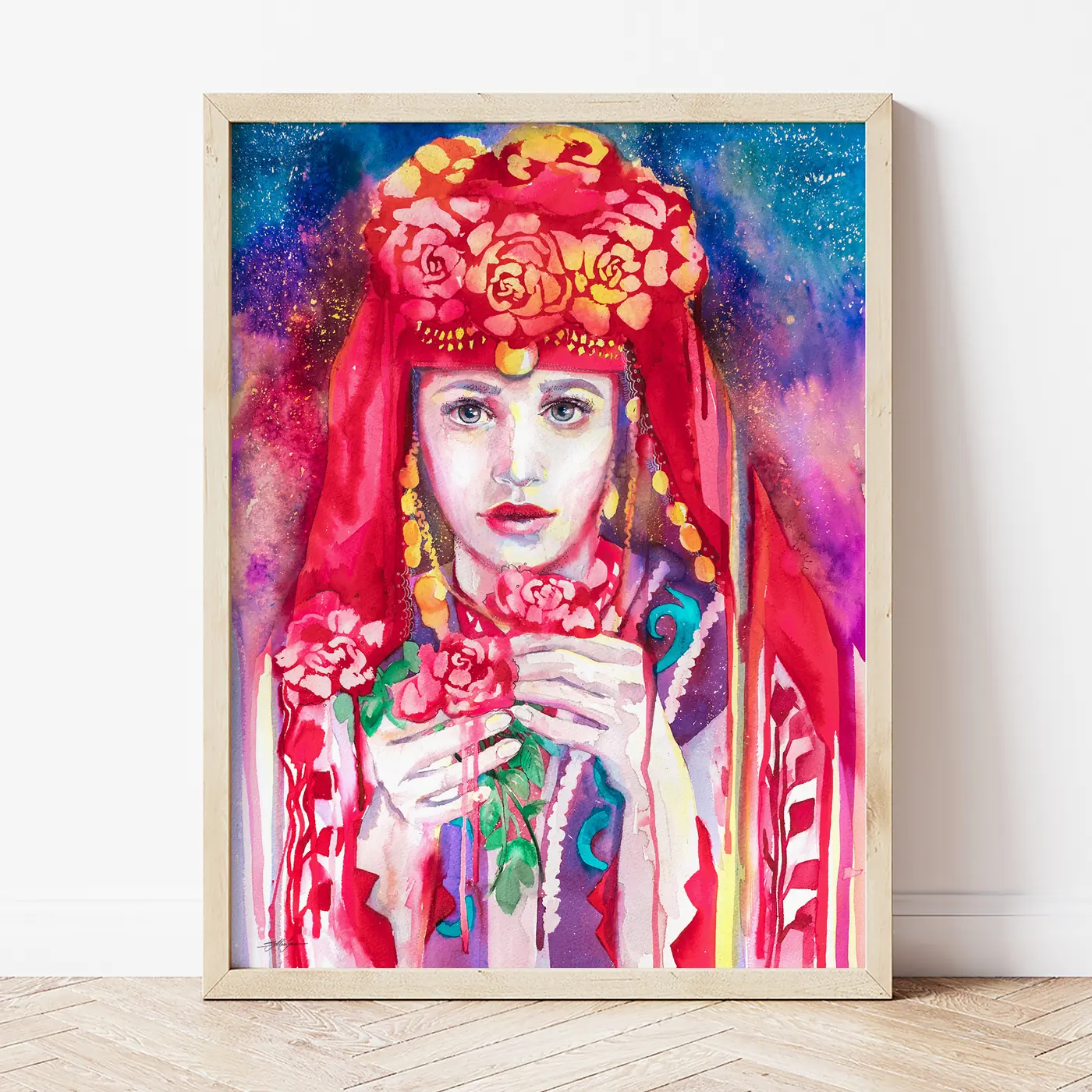 Картина с акварелна щампа на мома в тракийска носия
