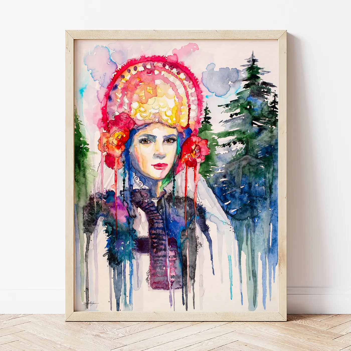 Картина с акварелна щампа на мома в северняшка носия
