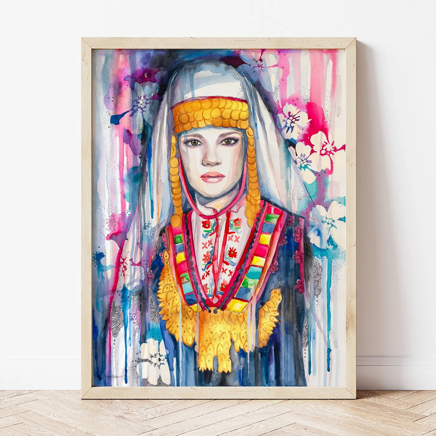Картина с акварелна щампа на мома от Тракия