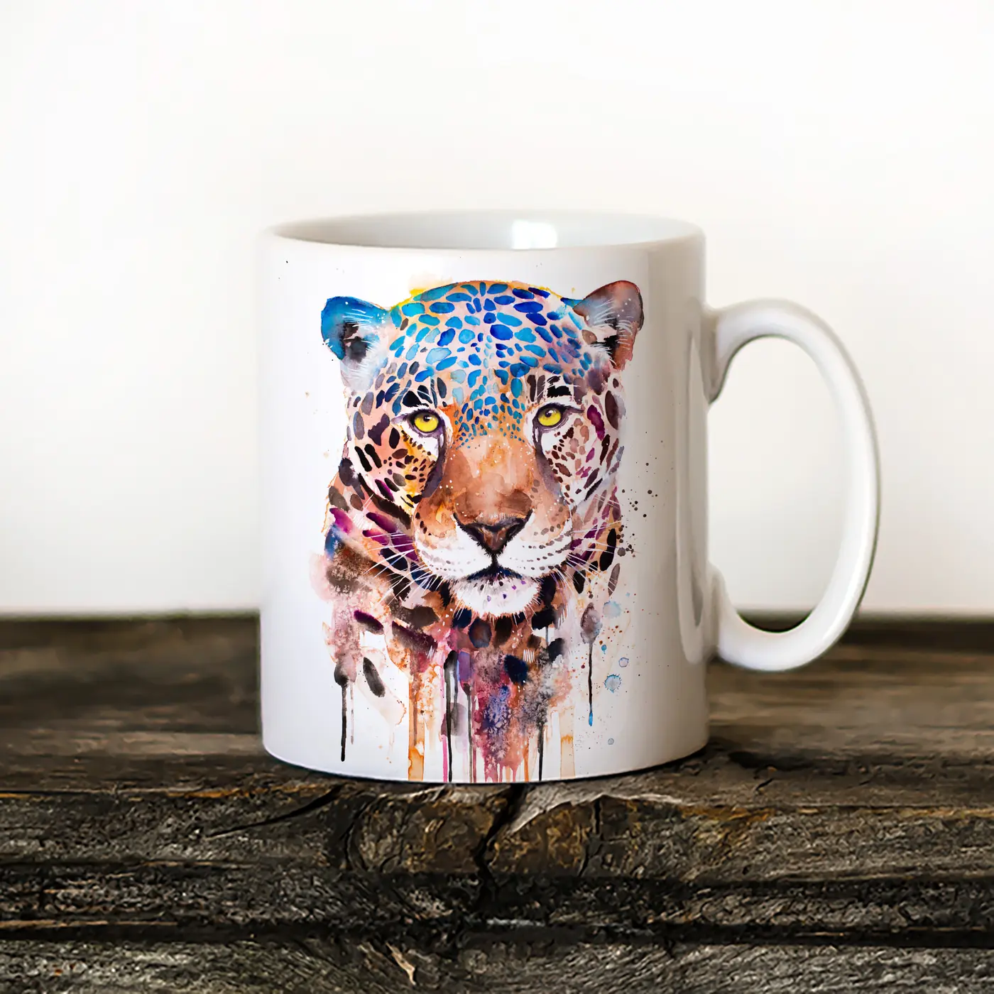 Ceramic mug with a watercolour jaguar print