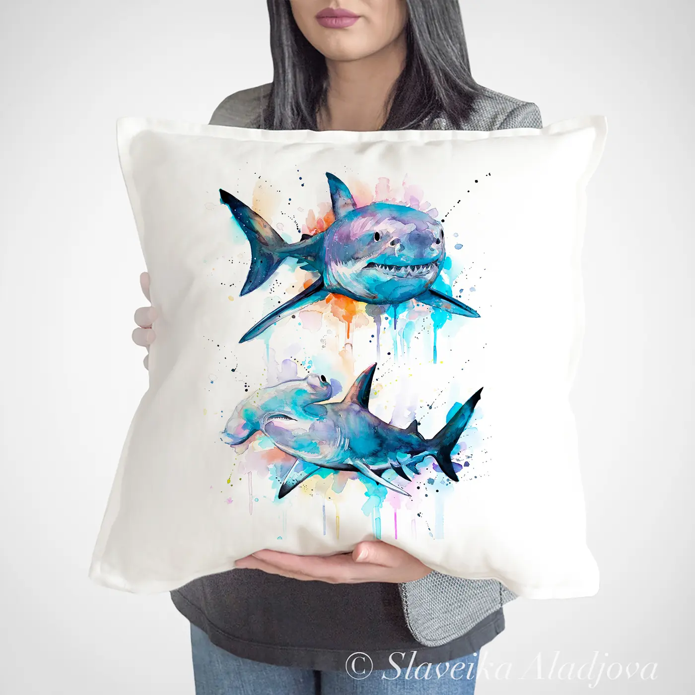 Cushion with a watercolour sharks print