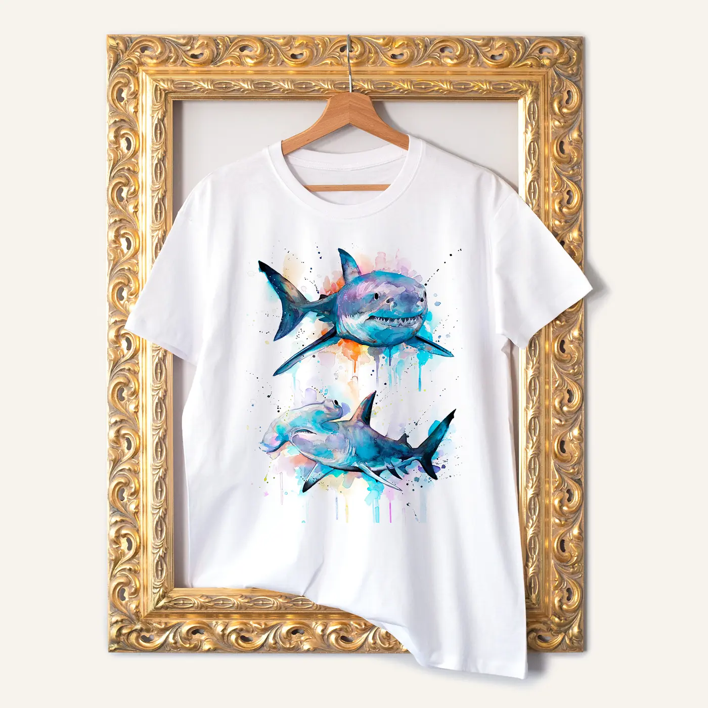 White t-shirt with a watercolour sharks print