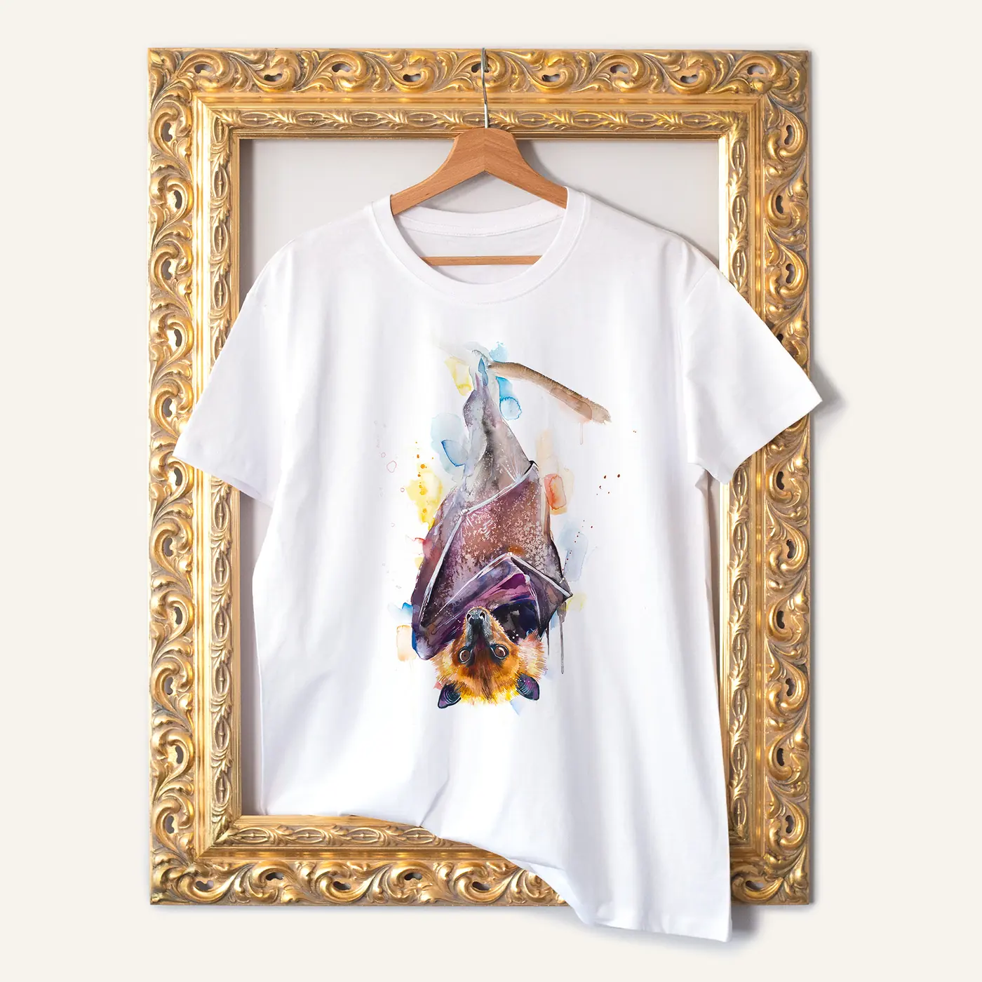 White t-shirt with a watercolour flying fox print