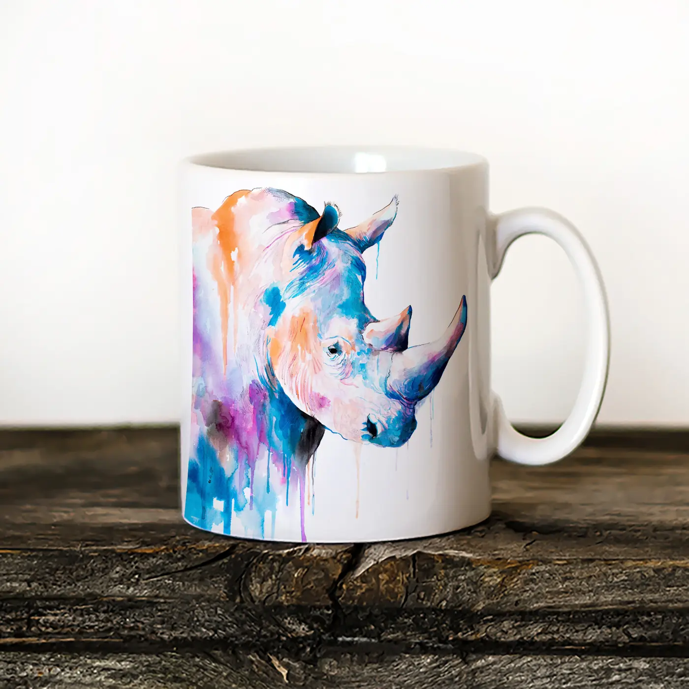 Ceramic mug with a watercolour rhinoceros print