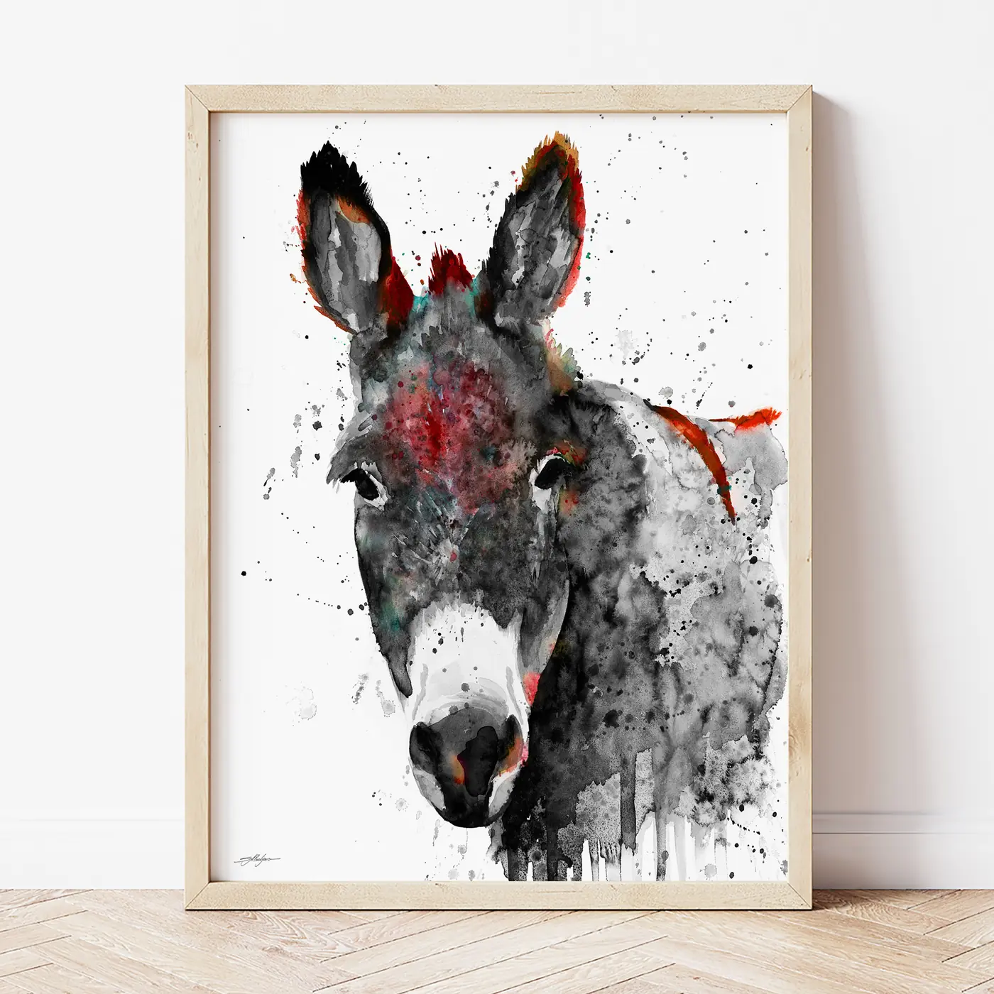 Art print with a watercolour black and white donkey print