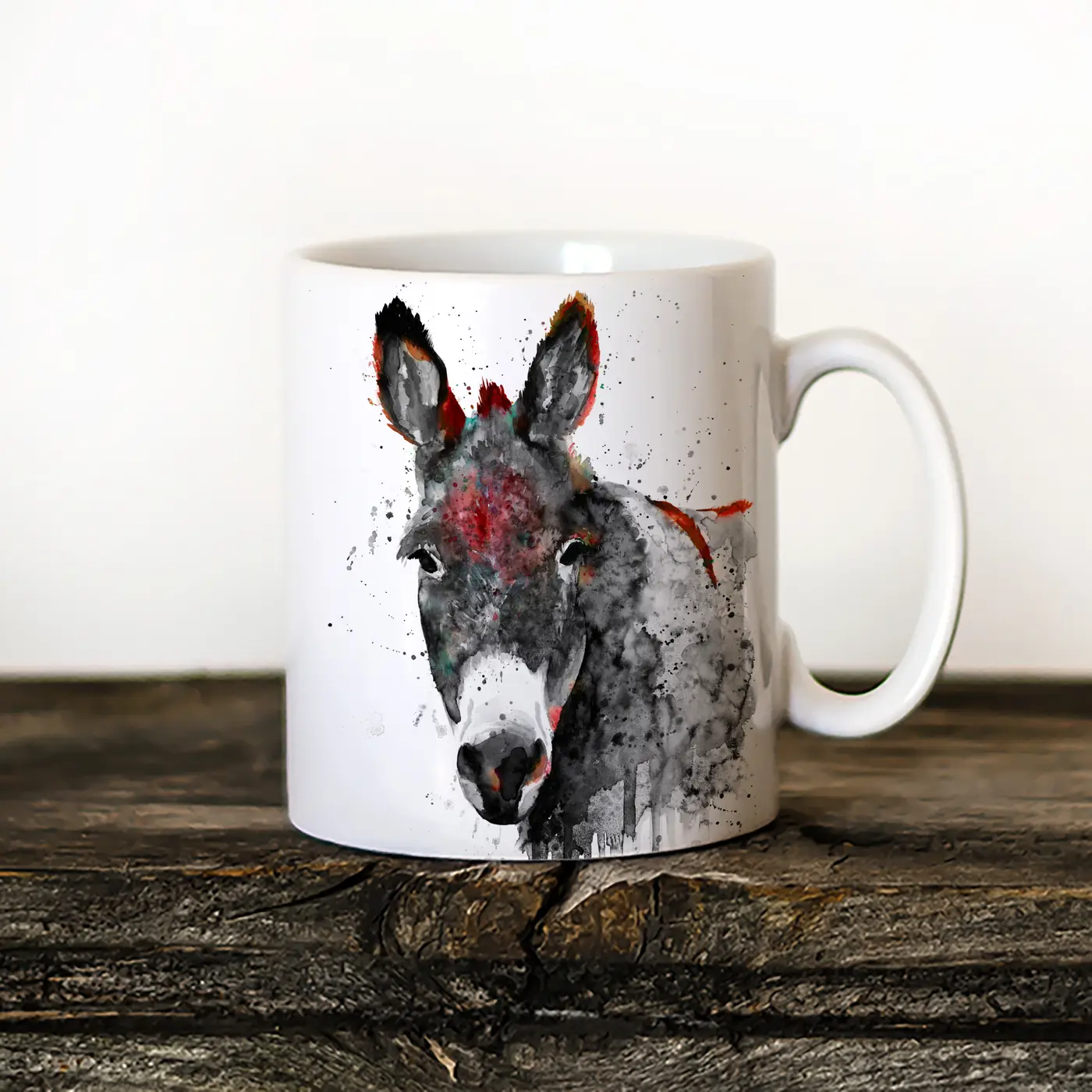Ceramic mug with a watercolour black and white donkey print