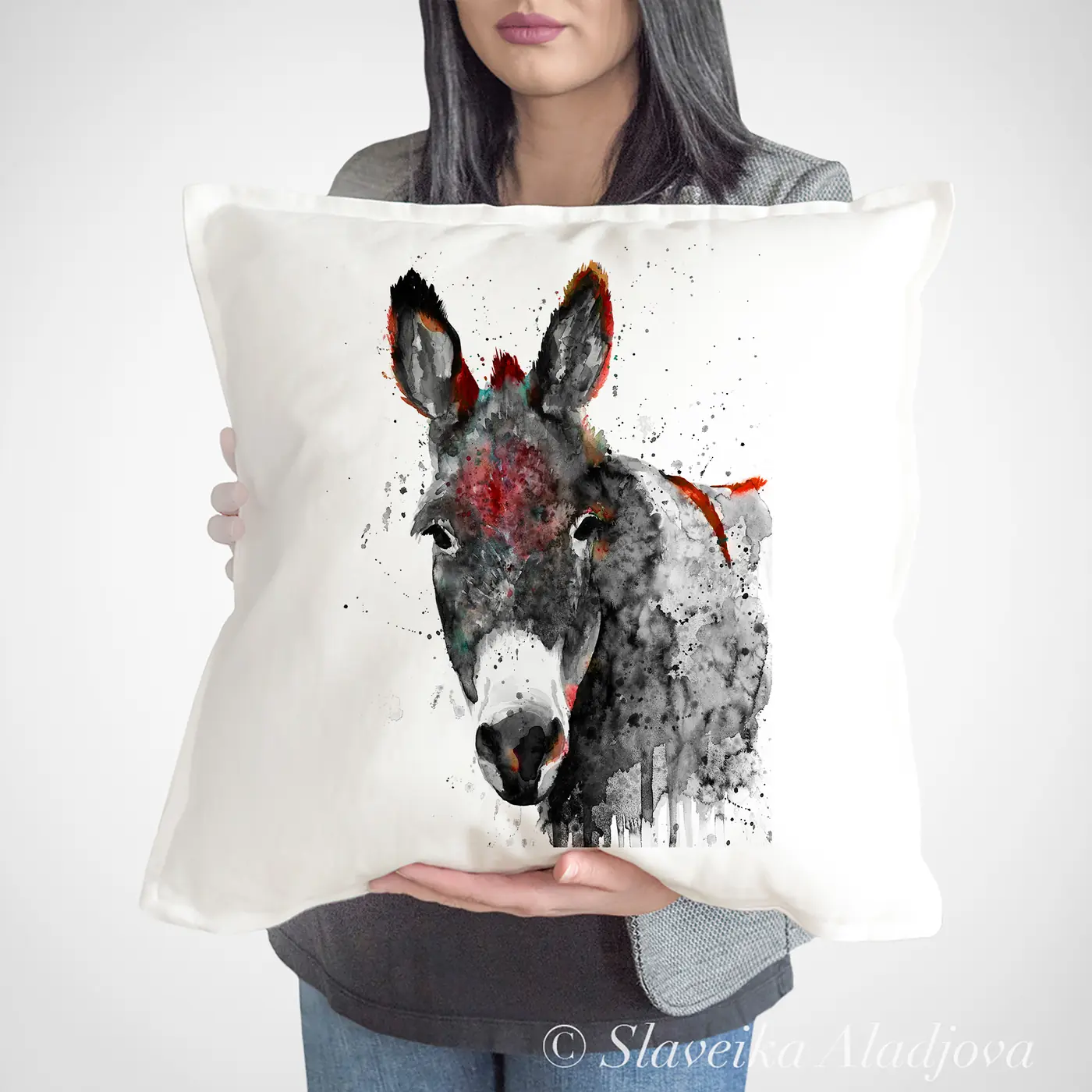 Cushion with a watercolour black and white donkey print