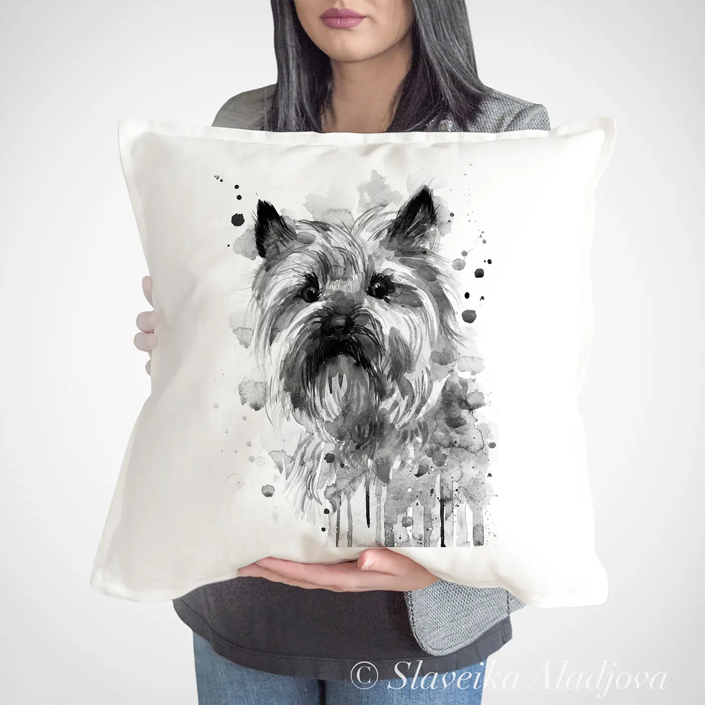 Cushion with a watercolour black and white cairn terrier print