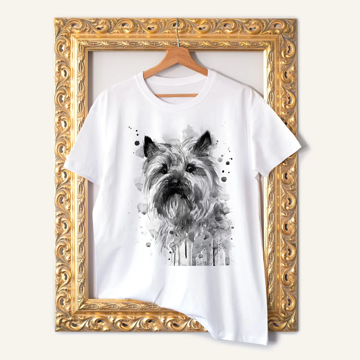 White t-shirt with a watercolour black and white cairn terrier print