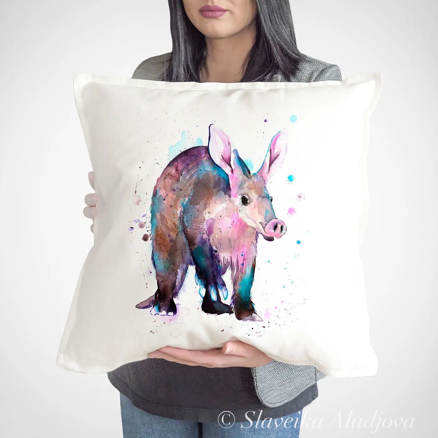 Cushion with a watercolour aardvark print