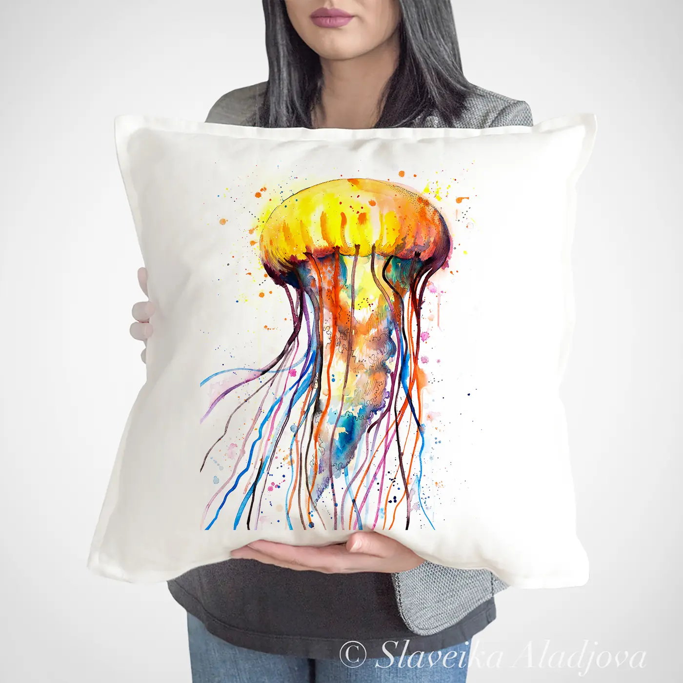 Cushion with a watercolour jellyfish print
