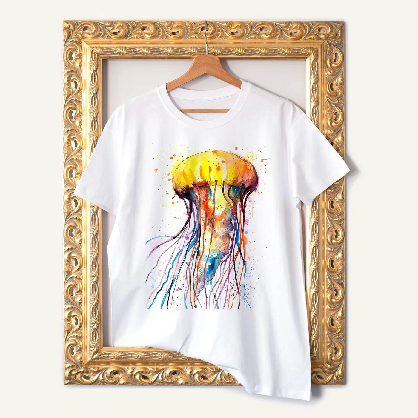 White t-shirt with a watercolour jellyfish print