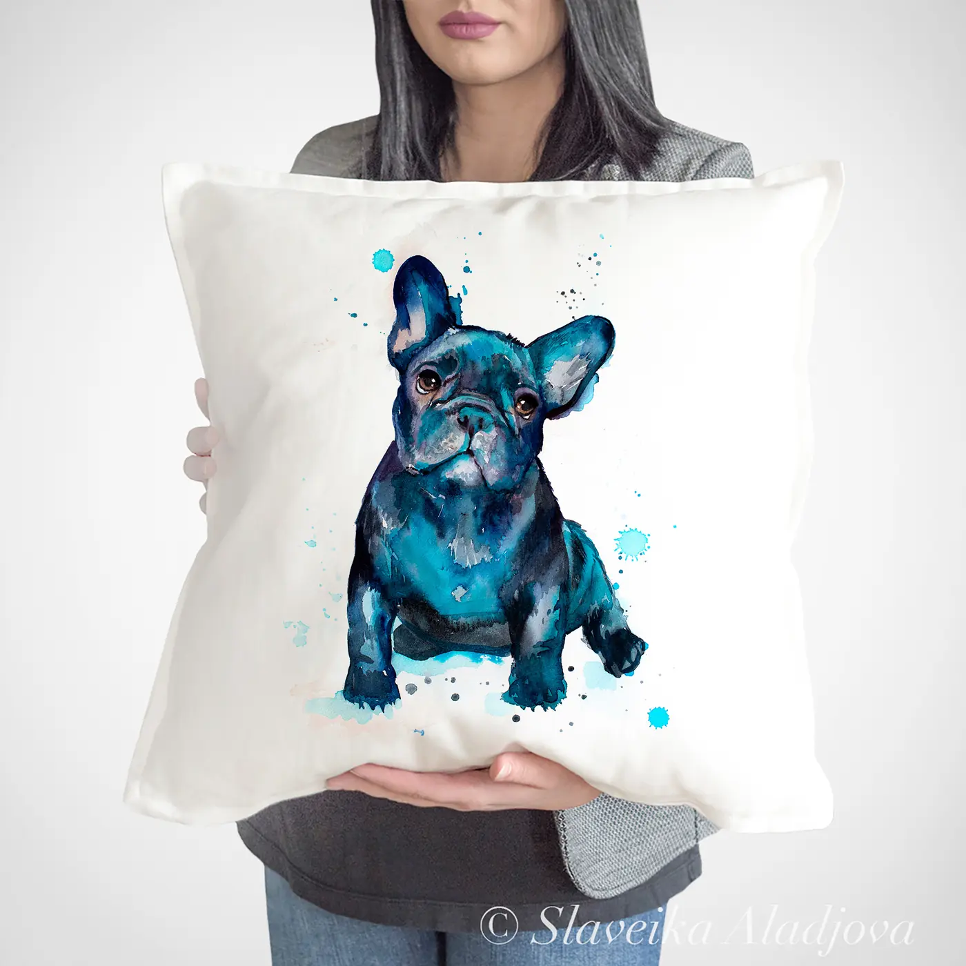 Cushion with a watercolour black french bulldog puppy print