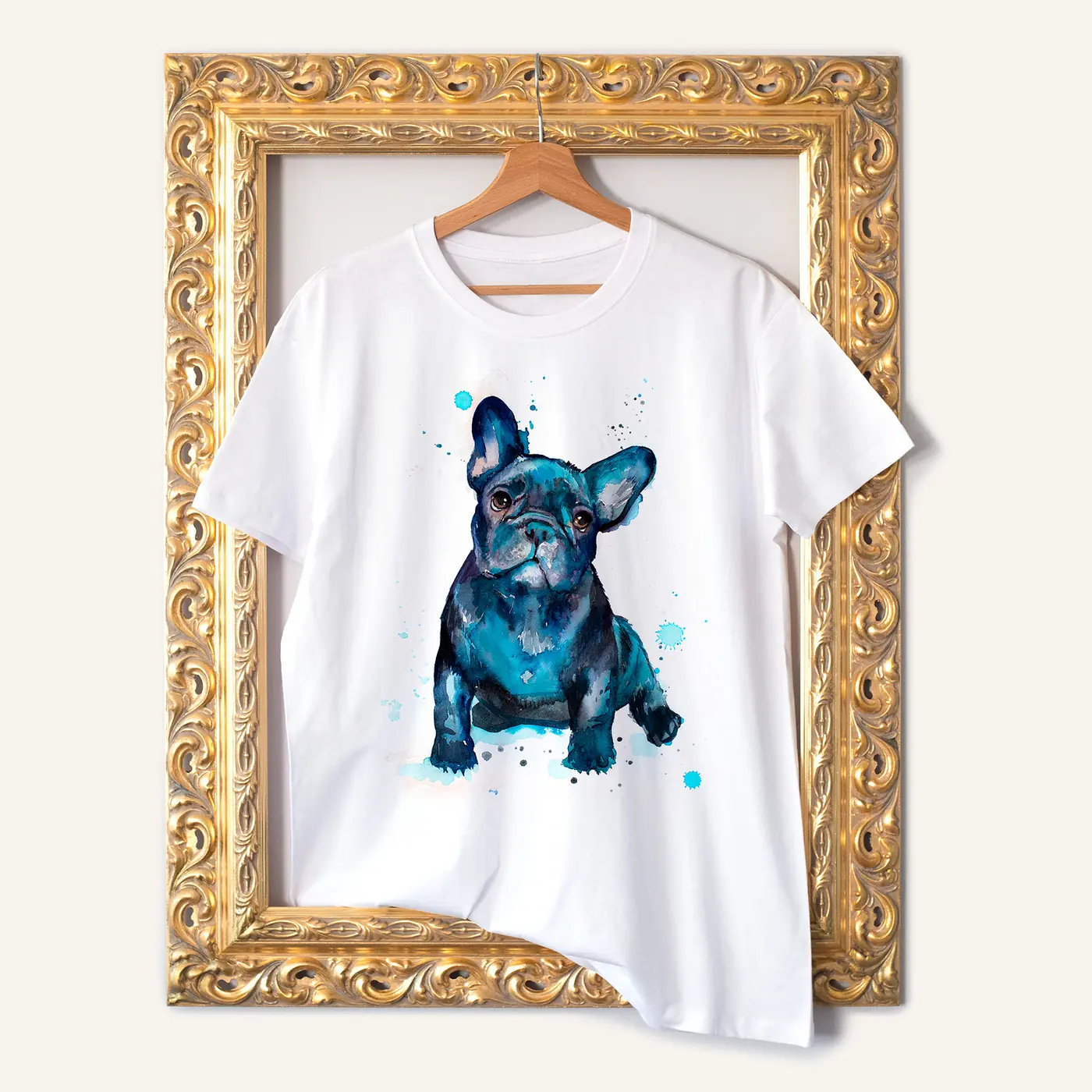 White t-shirt with a watercolour black french bulldog puppy print