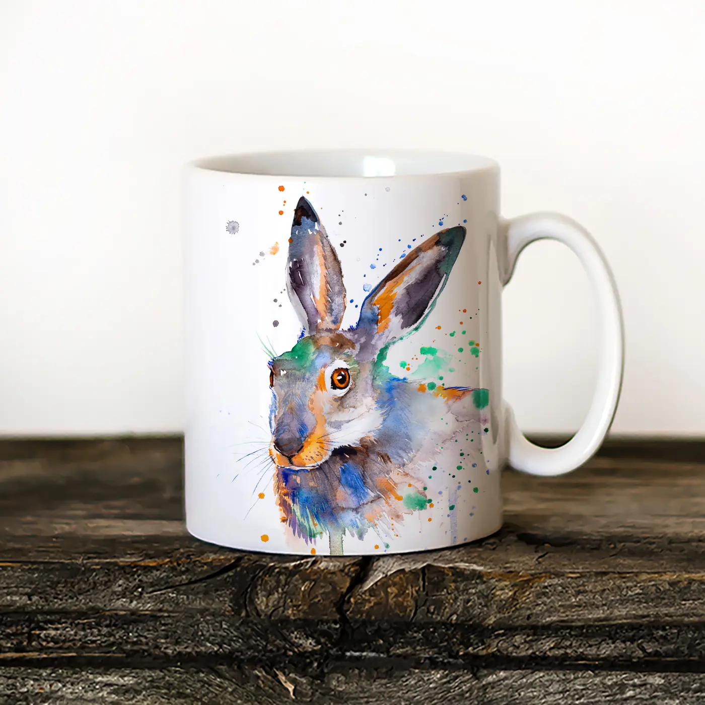 Ceramic mug with a watercolour colourful hare print