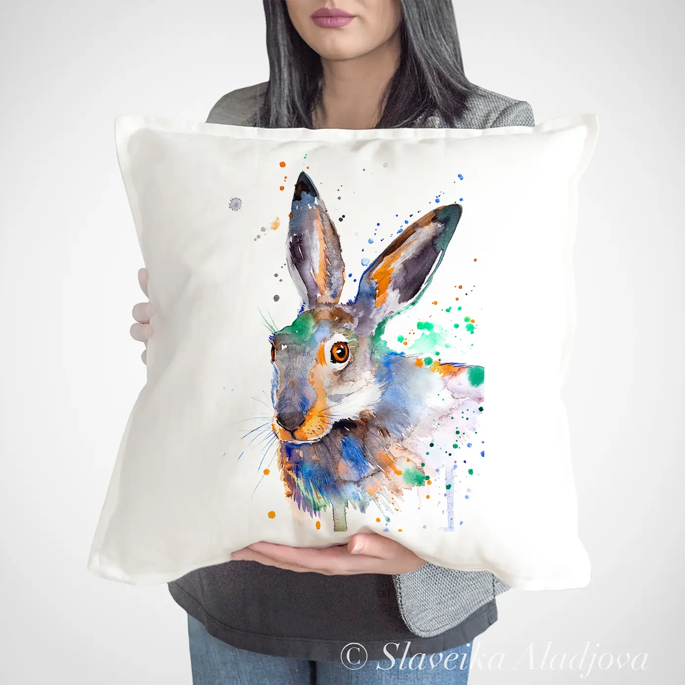 Cushion with a watercolour colourful hare print