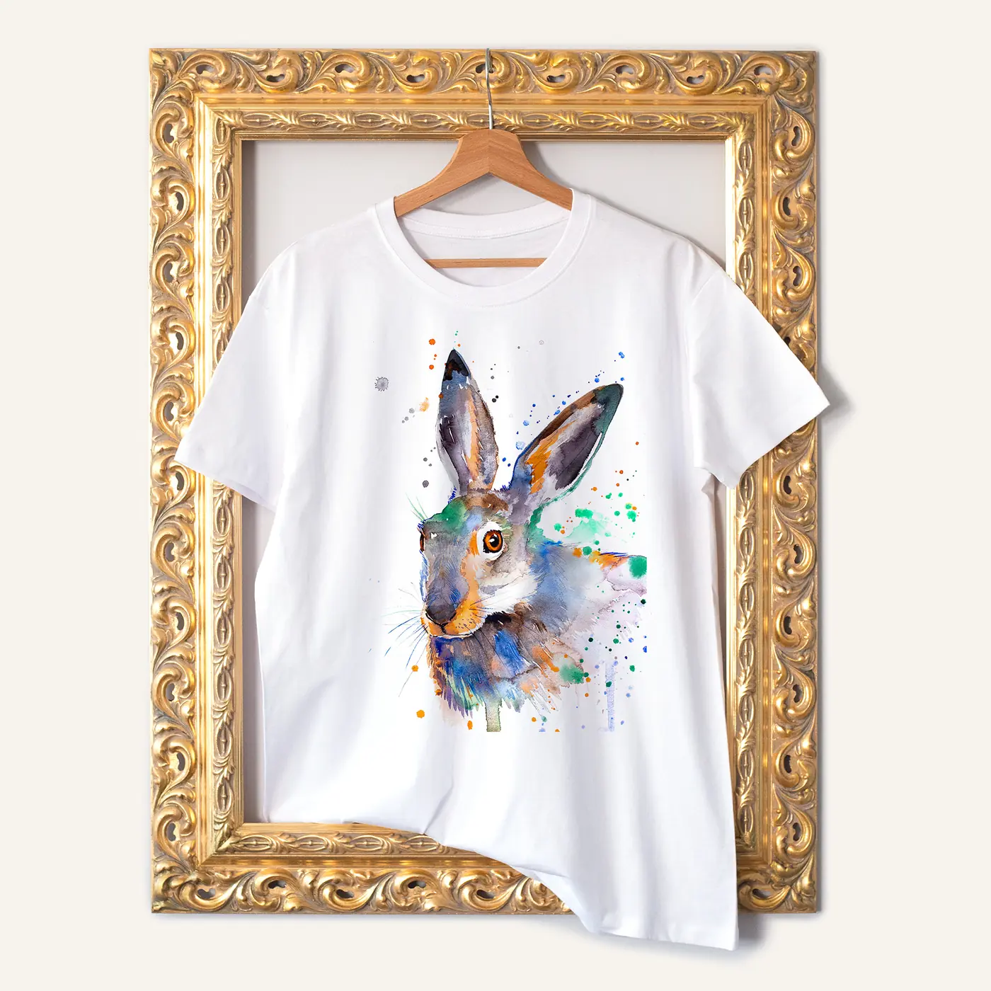 White t-shirt with a watercolour colourful hare print