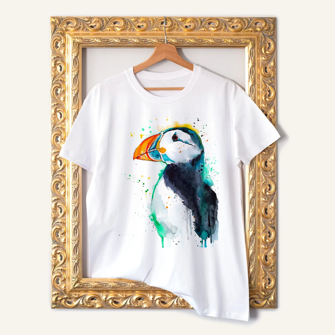 White t-shirt with a watercolour puffin print