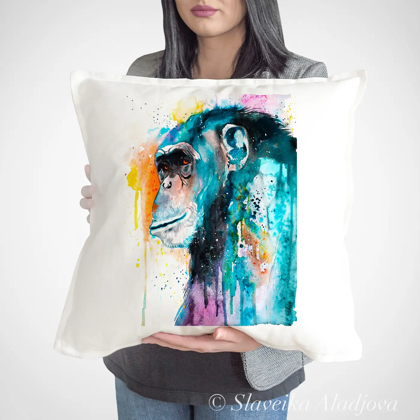 Cushion with a watercolour chimpanzee print