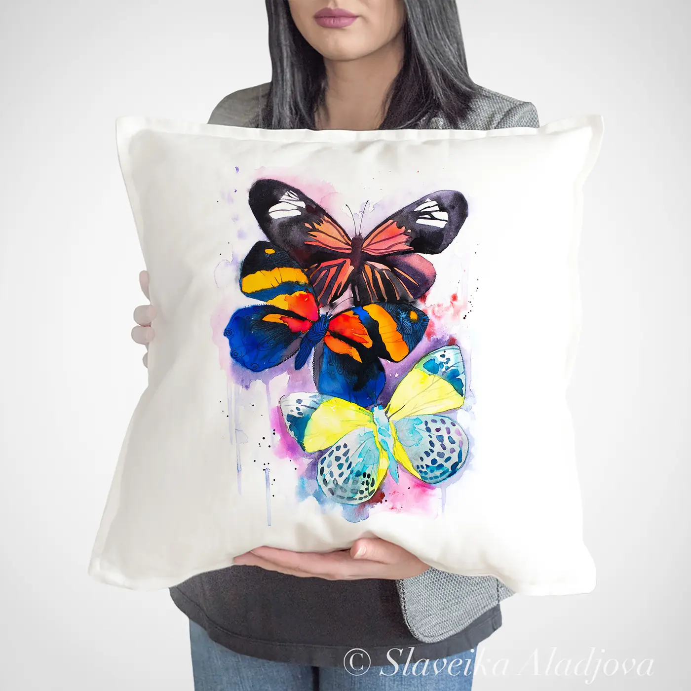 Cushion with a watercolour butterflies print