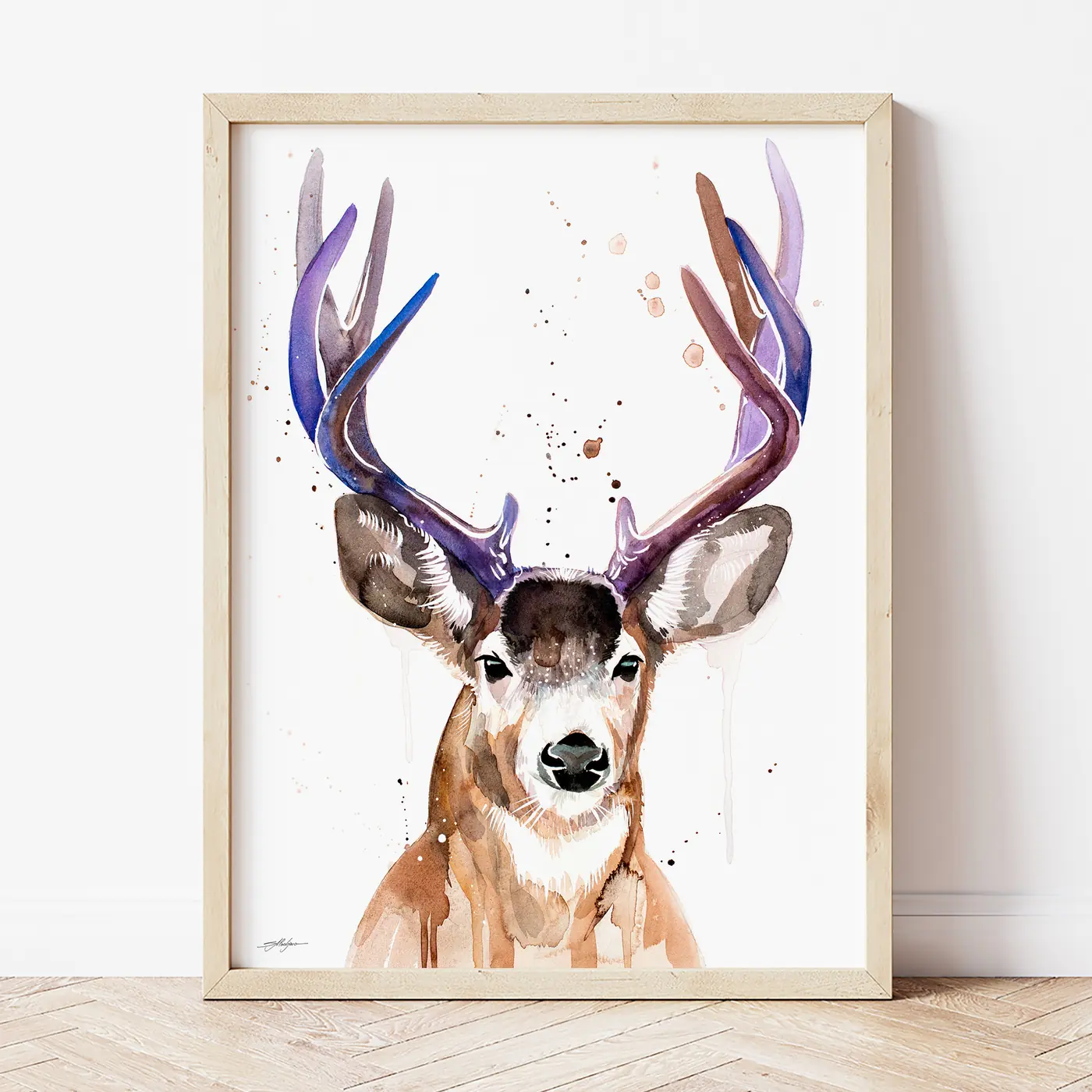 Art print with a watercolour black-tailed deer print