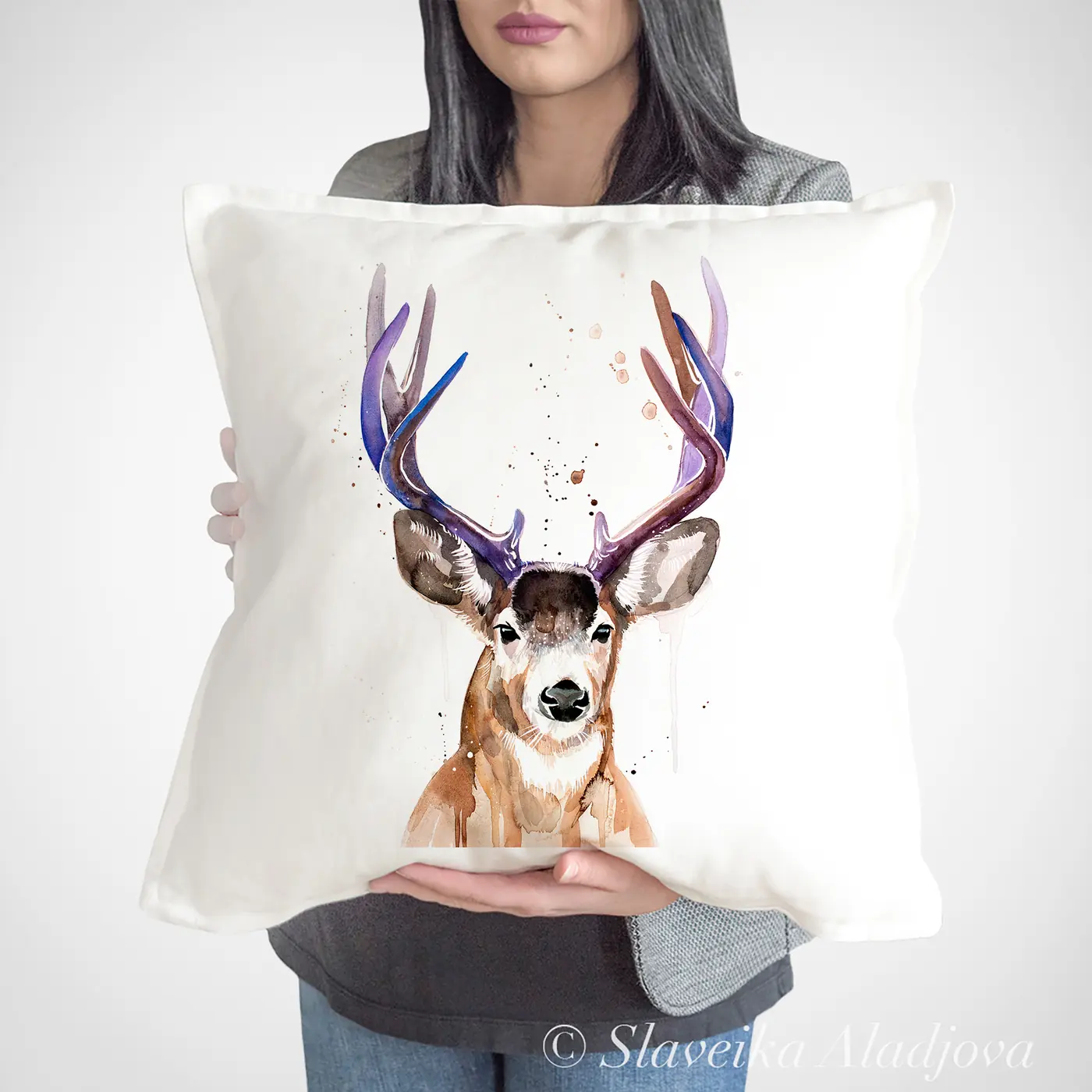 Cushion with a watercolour black-tailed deer print