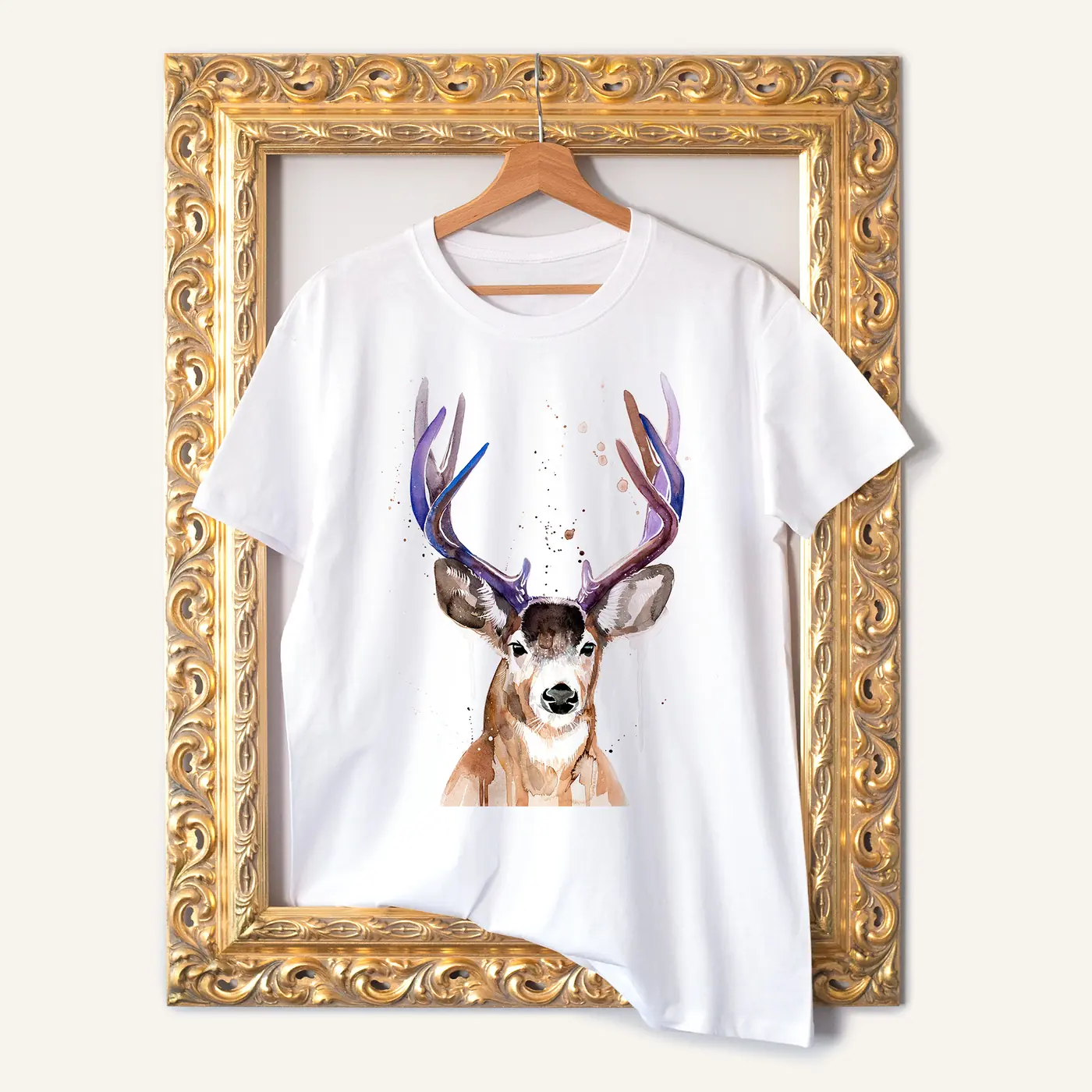 White t-shirt with a watercolour black-tailed deer print