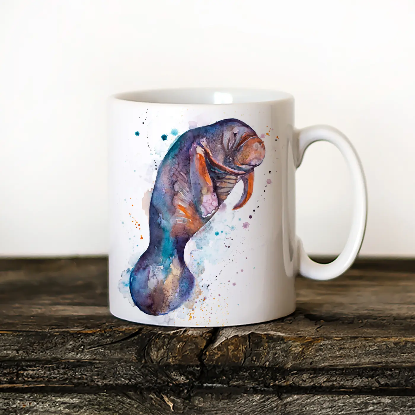 Ceramic mug with a watercolour manatee print