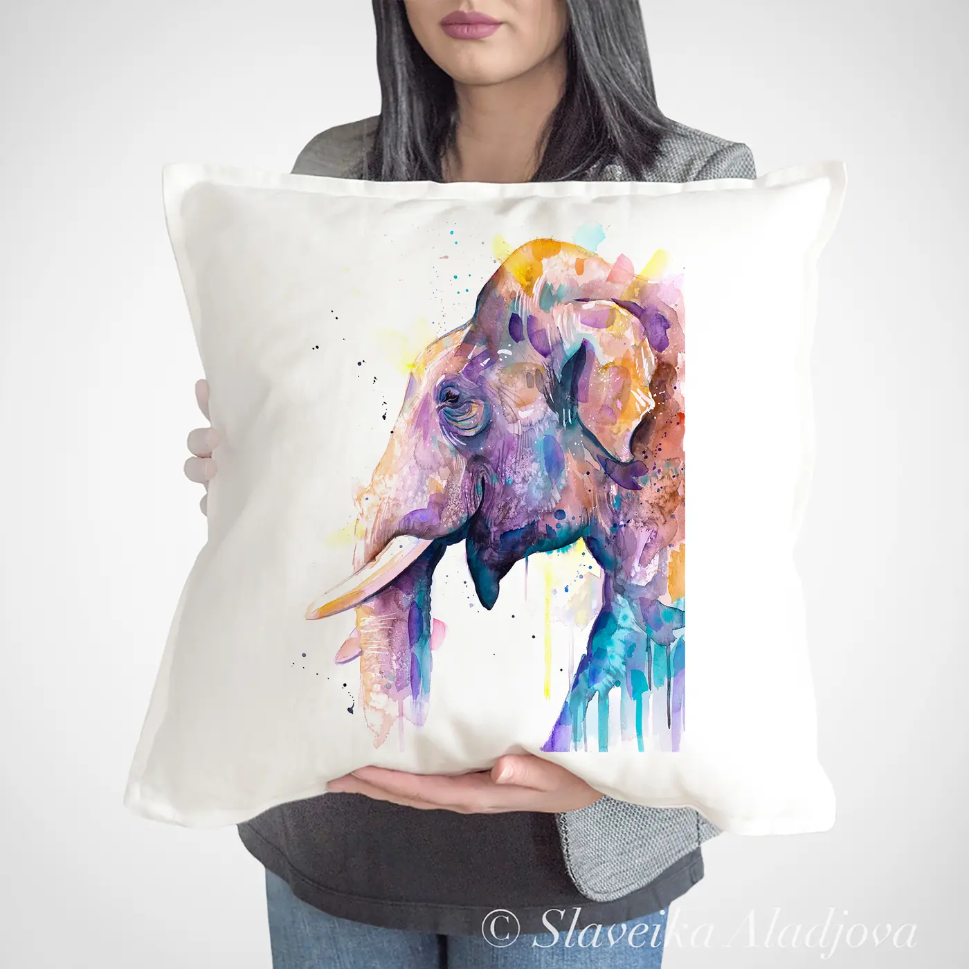Cushion with a watercolour asian elephant print