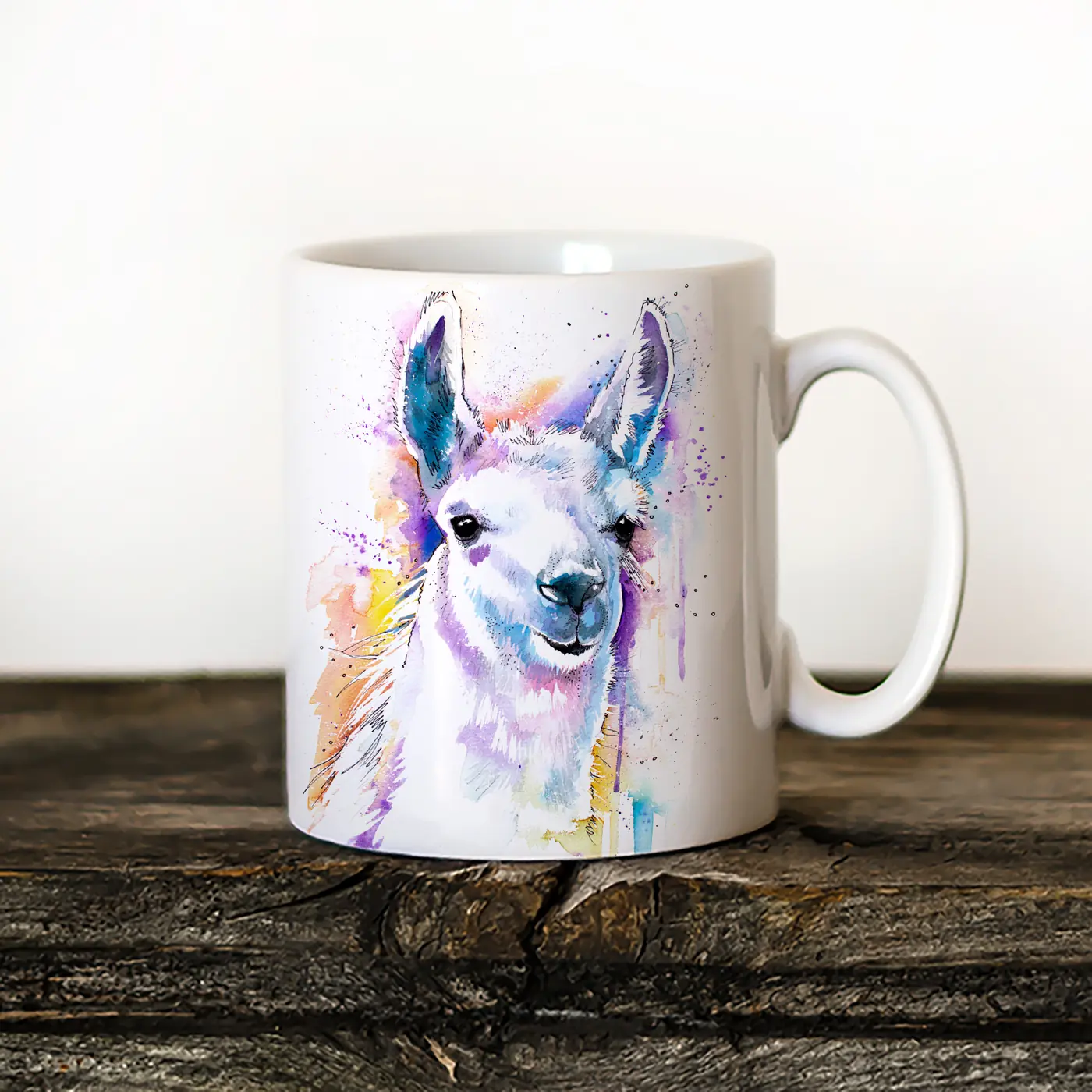 Ceramic mug with a watercolour llama print