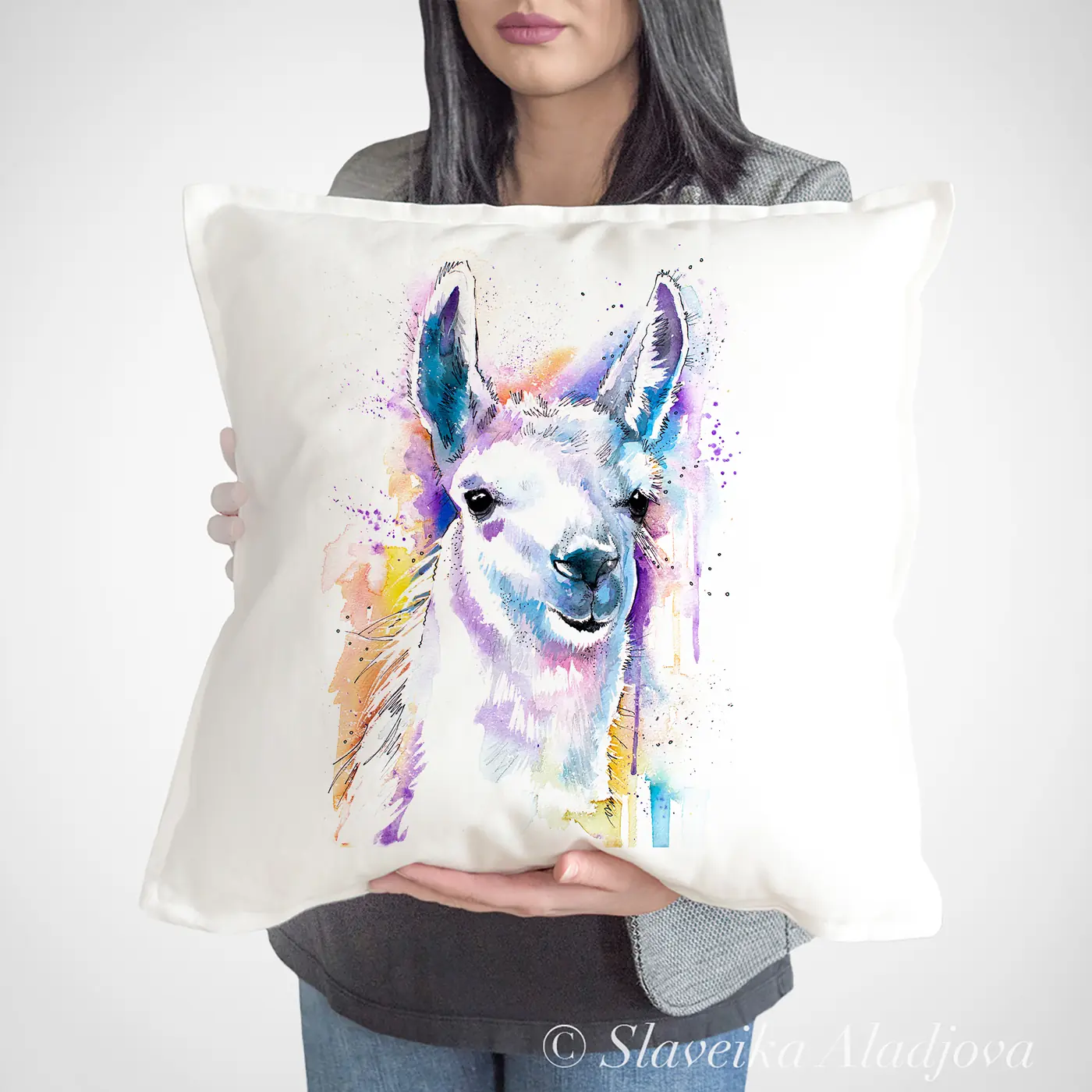 Cushion with a watercolour llama print